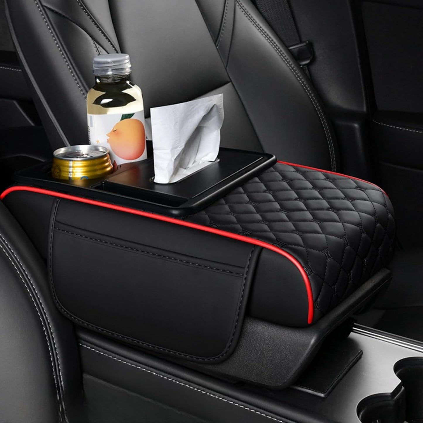 5-in-1 Center Console Cover Organizer, Arm Rest Cover for Car with Cup Holder & Storage Pocket & Tissue Box, Armrest Cover Cushion Pad, Grid, Black - Red