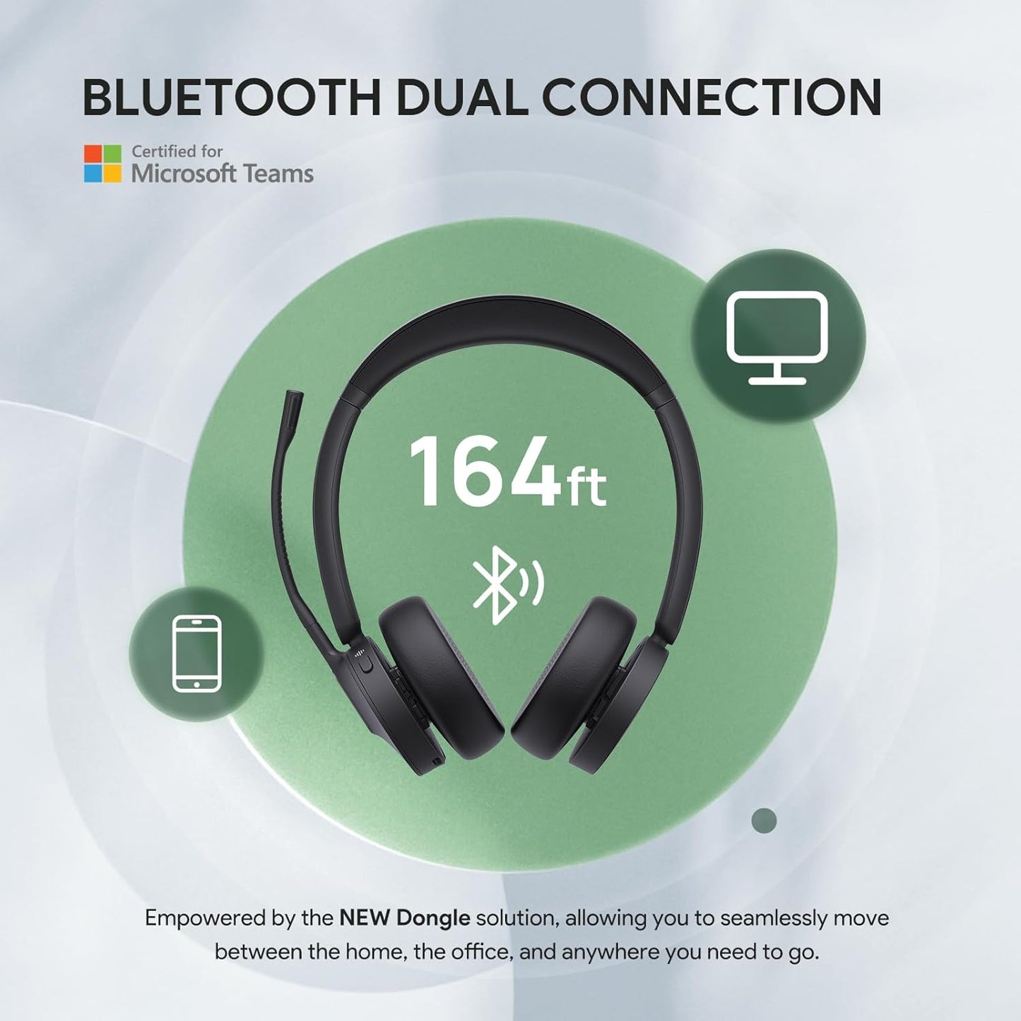 Yealink BH70 UC Wireless Bluetooth Headset with Microphone for Work, up to 35h Talking Battery, Teams UC Compatible Headsets for Computer Mobile, 147g Lightweight Headphone for Open Office 50m Range