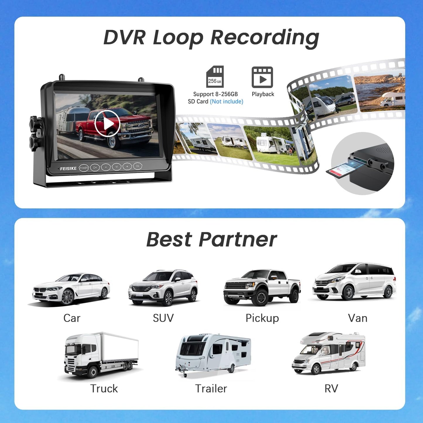 Dual Magnetic Solar Wireless Backup Camera for RV Truck Trailer – 7" 1080P Monitor with Recording, 1-Min Install, No Delay, Wide View, IR Night Vision, 4 Channels, Auto-Sleep Rechargeable