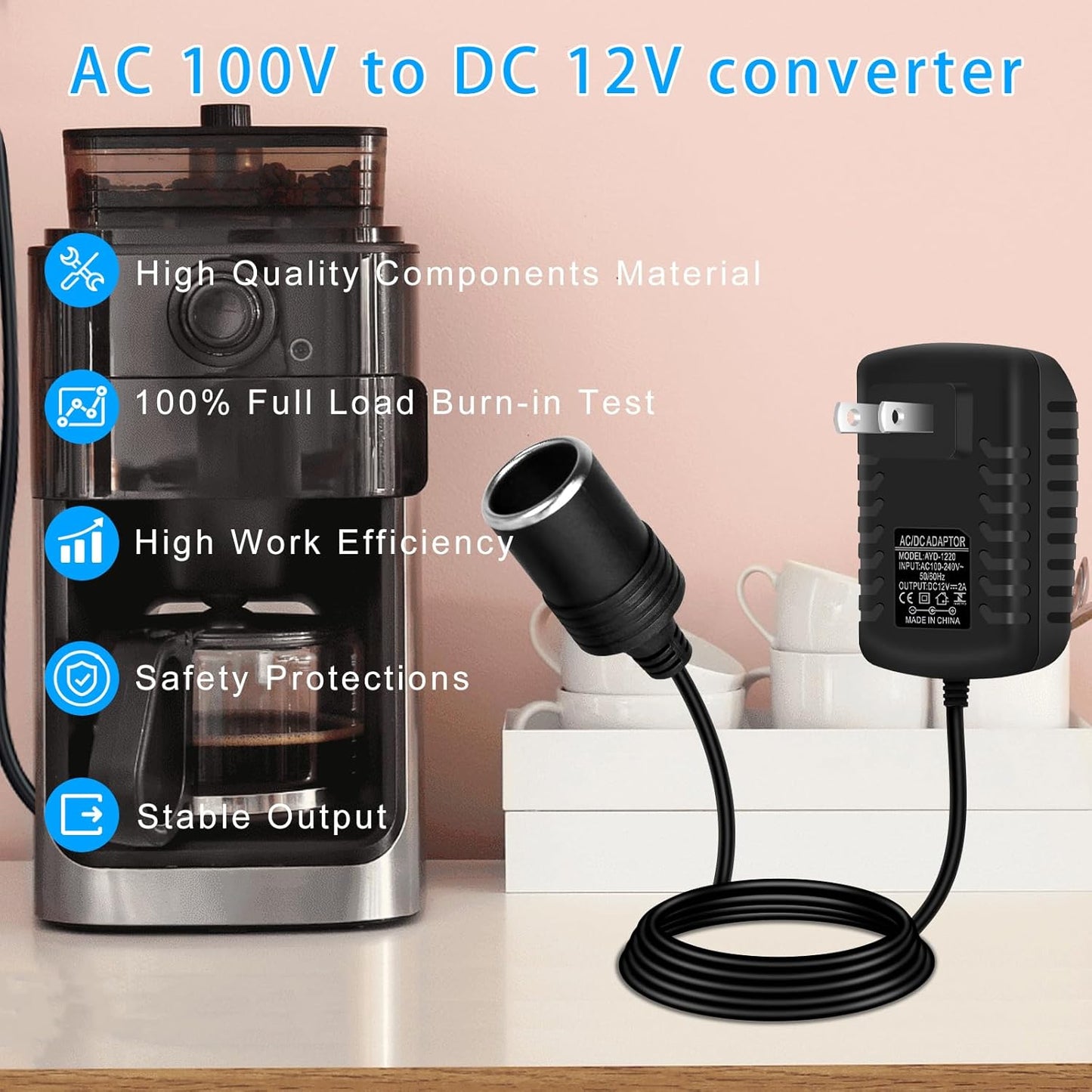 inShareplus 12V 2A 24W AC to DC Converter, 12 Volt Car Cigarette Lighter Adapter to Wall Outlet, 110V to 12V Power Supply for Car Devices, 2 Pack