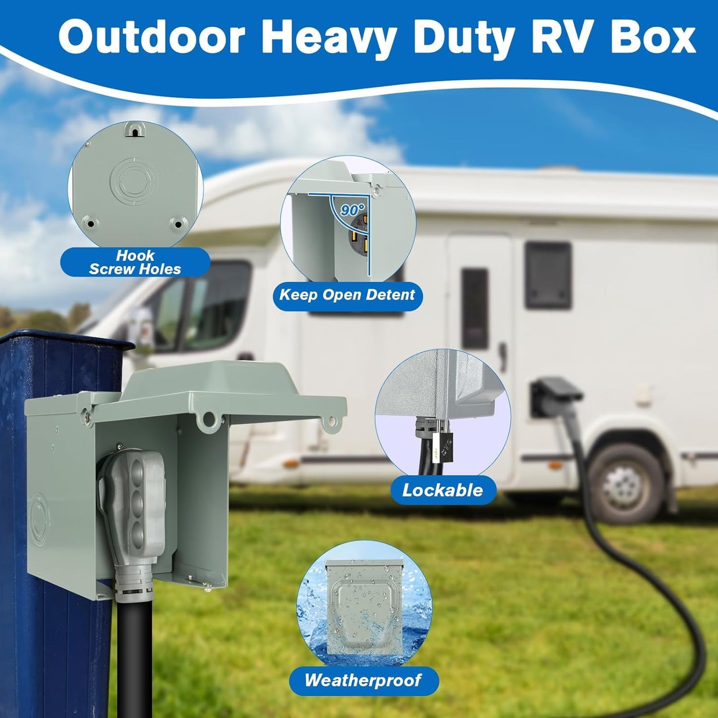 50 Amp RV Power Outlet Box, 125/250 Volt NEMA 14-50R Receptacle, Lockable Enclosed Outdoor Plug, Electrical Receptacle Panel, Weatherproof Temporary Hookup for RV Camper Car Travel Generator