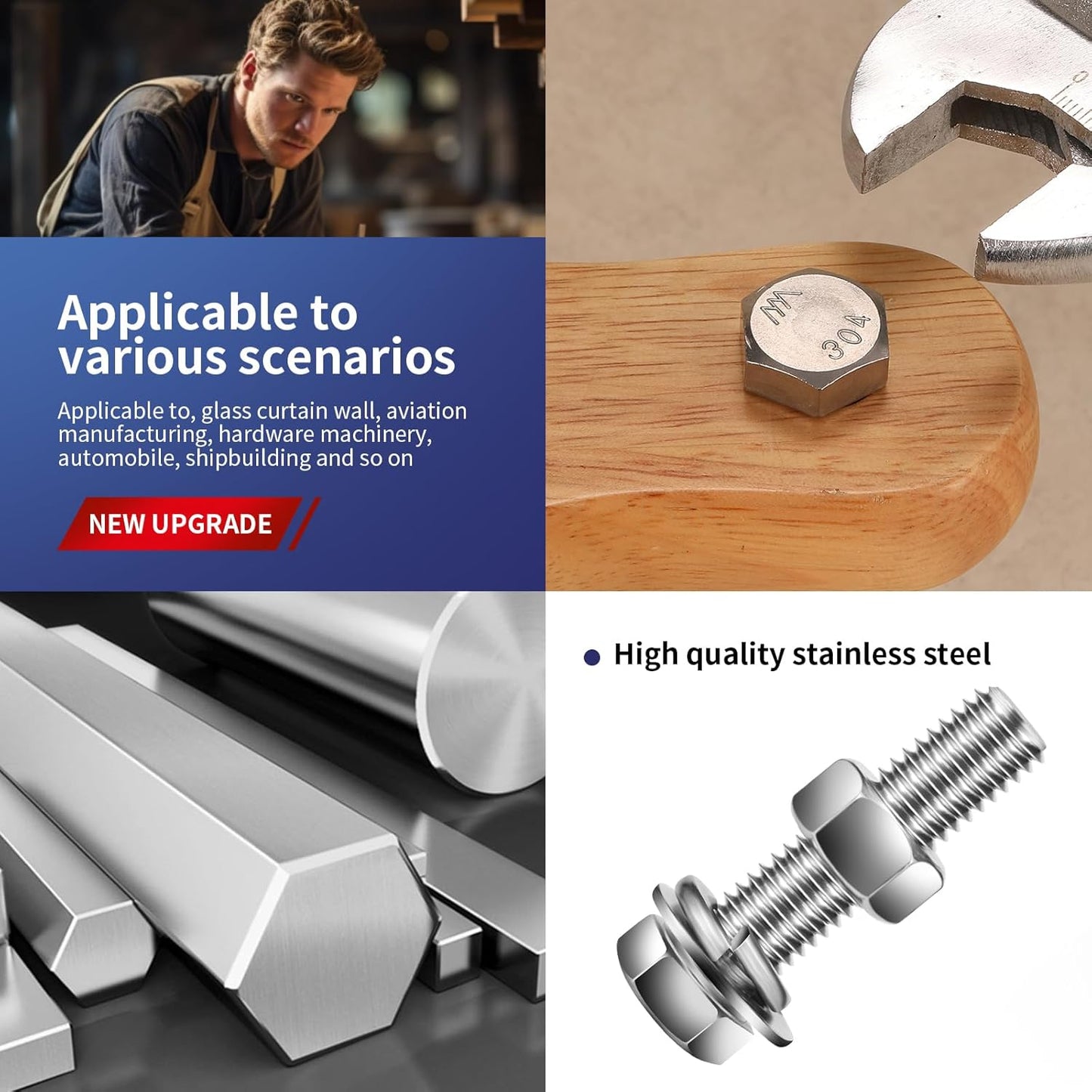 1/2-13 x 2" Hex Head Screw Bolt, Nuts, Flat & Lock Washers, 10Pcs 18-8 (304) Stainless Steel, Fully Threaded, by SG TZH