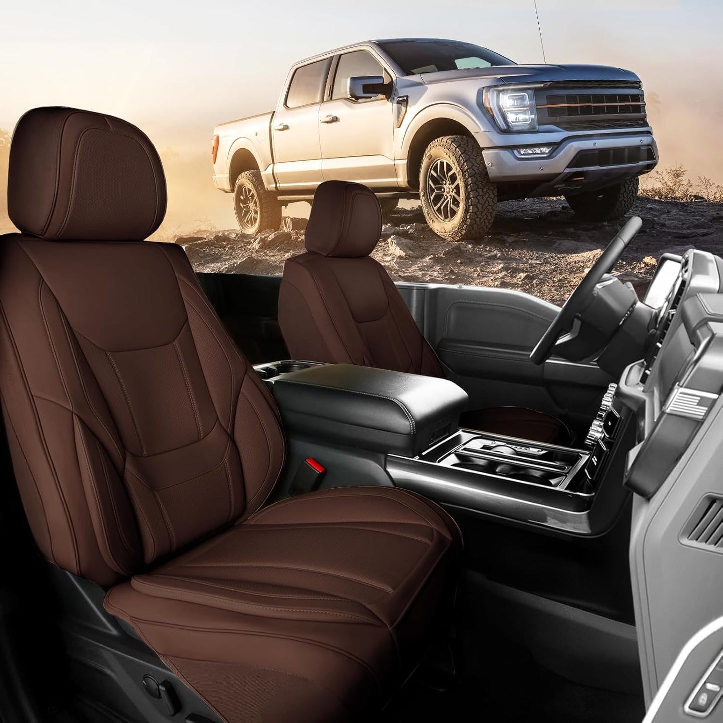 Coverland Custom Car Seat Covers Compatible with Ram 1500, Tacoma - Premium Leather Non-Slip Memory Foam Waterproof Cover Custom Fit Interior Protector Front Seat-Dark Brown [See Size Chart-Size A49]