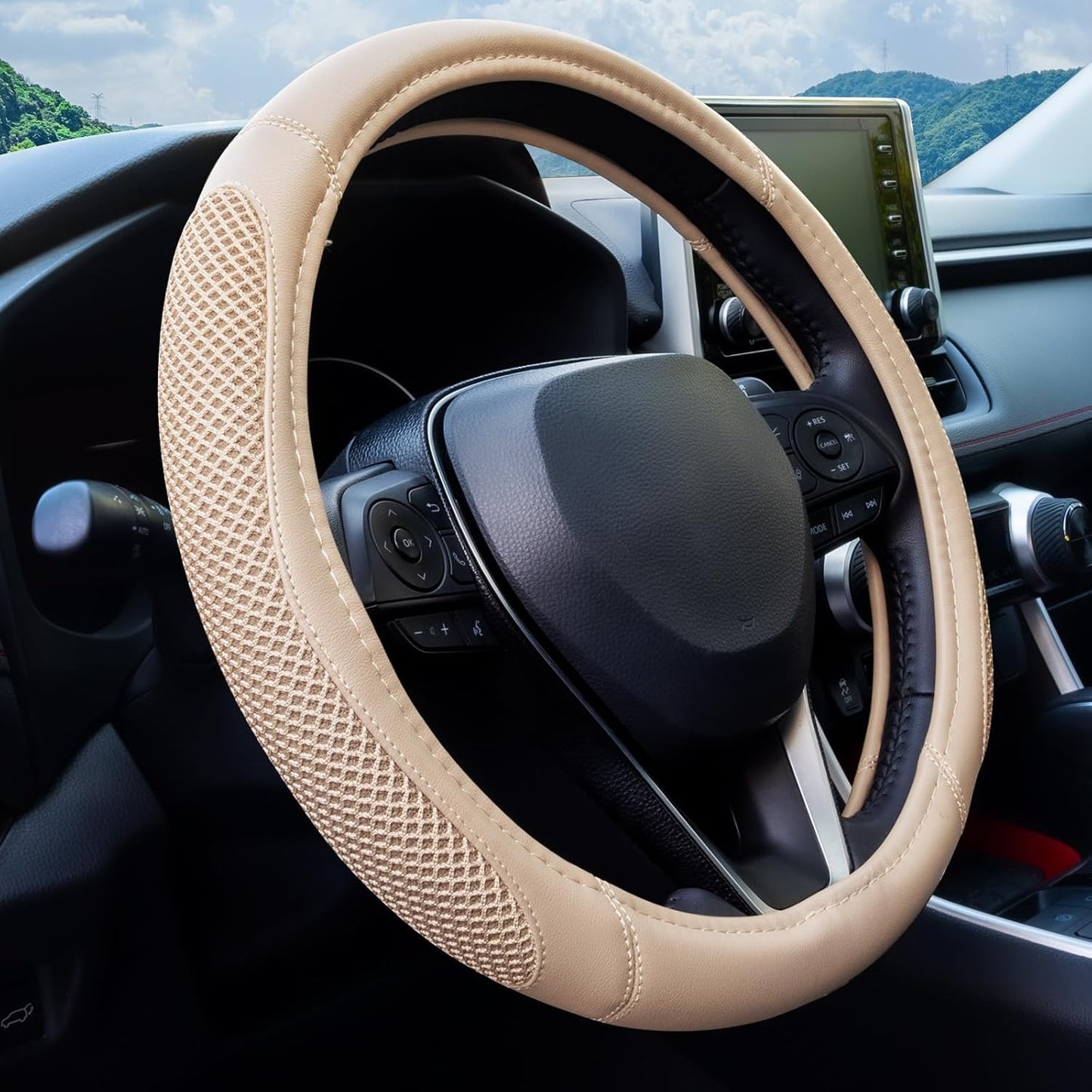 Cool Mesh Grip Truck Steering Wheel Cover with Breathable Grip, Premium Faux Leather, Universal fit for Full Size Trucks and SUVs with Steering Wheel Size 15.5" to 16"