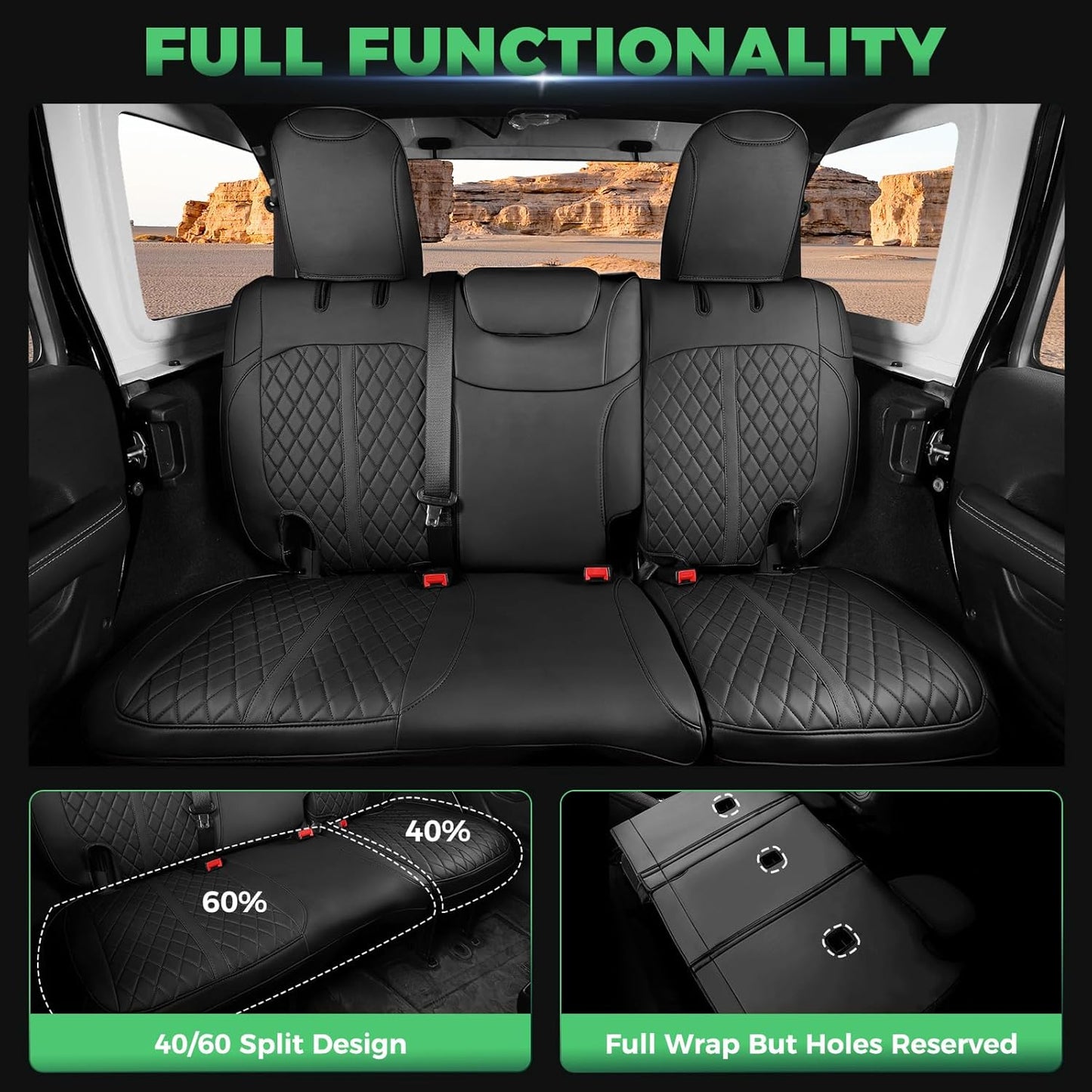for Jeep Wrangler Seat Covers 4Door JL 2018 2019 2020 2021 2022 2023 2024 2025, Custom Fit Car Seat Cover Full Set, Luxury Waterproof Leather Seat Protectors, Black, W/O Rear Cup Holder