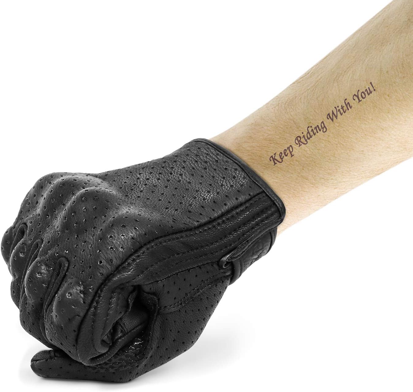 Updated Goatskin Leather Motorcycle Gloves Men Touchscreen Anti-Slip Motorbike Riding Gloves for Men (Updated,Perforated, L)