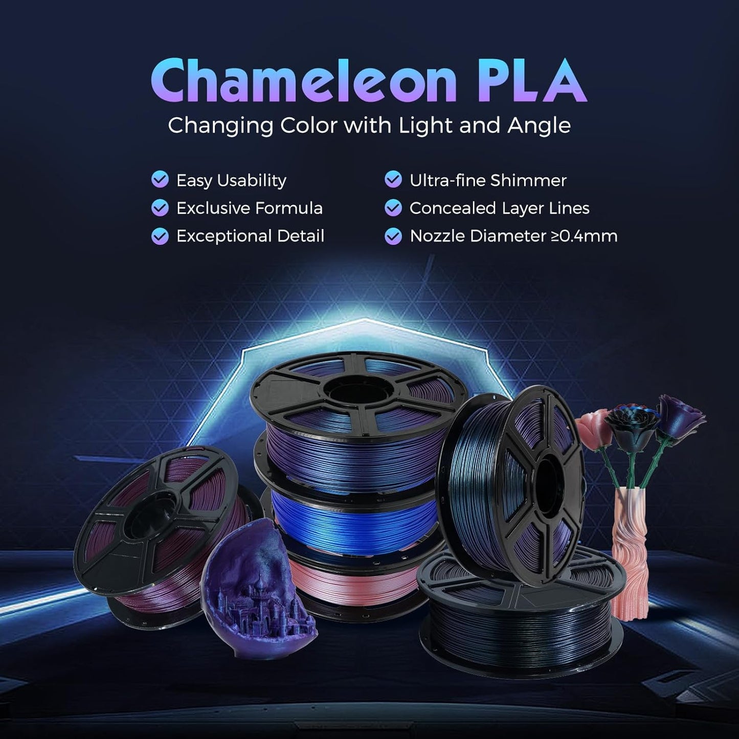 FLASHFORGE PLA Filament 1.75mm +/- 0.02mm Skydiver Blue, Color Changeable 3D Printer Filament 1kg (2.2lbs), Chameleon 3D Printing Filament Changing Colors with Light, Perfectly Hide The Layer Line