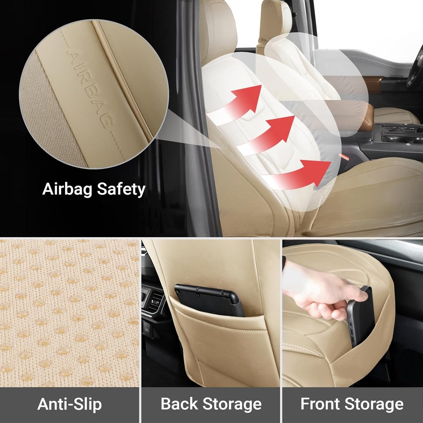 Coverland Custom Car Seat Covers Compatible with Ranger, Titan, Ram 1500 - Premium Faux Leather Non-Slip Memory Foam Waterproof Custom Fit Interior Protector Front Seat-Beige [See Size Chart-Size A20]