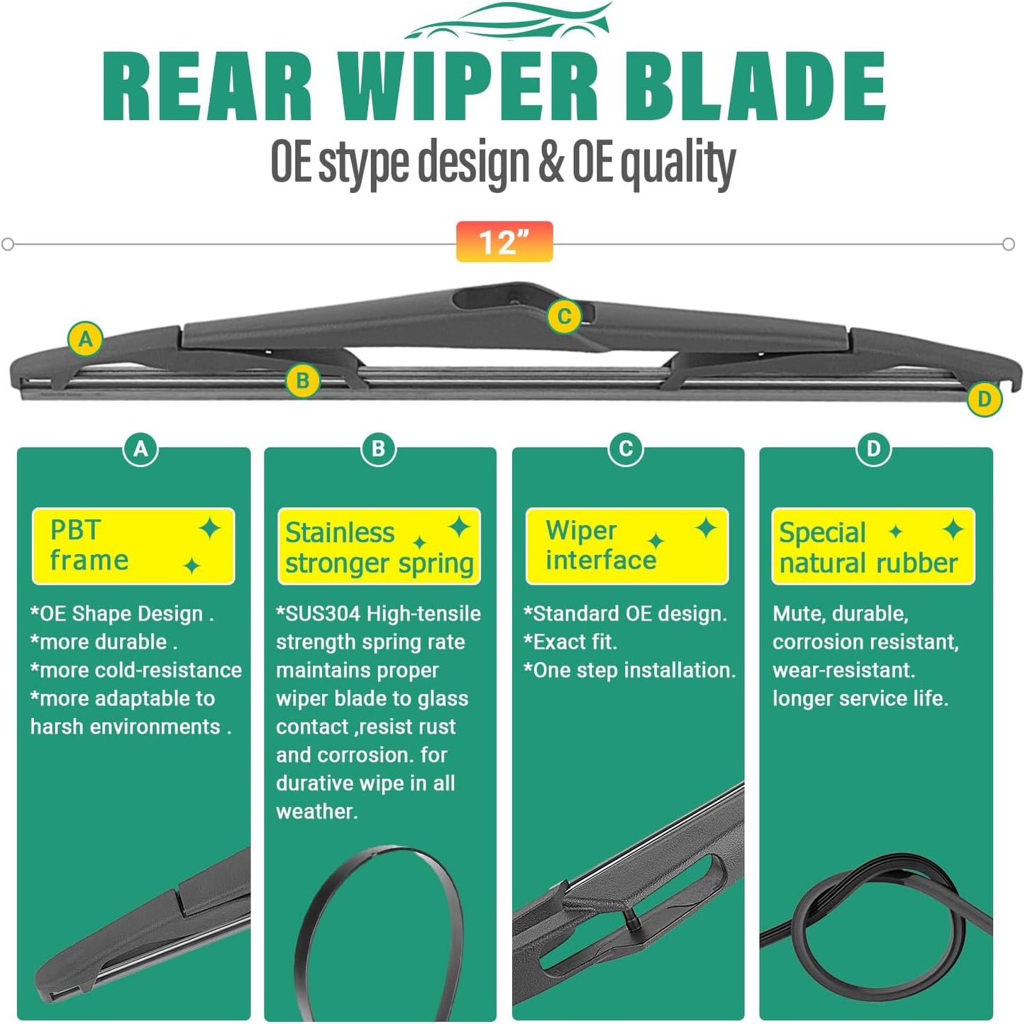 26" 15" 12" Windshield Wiper Blades Replacement for Ford Fiesta 2009-2018 Premium All Weather Front Rear Wipers Set - OEM Quality (Pack of 3)