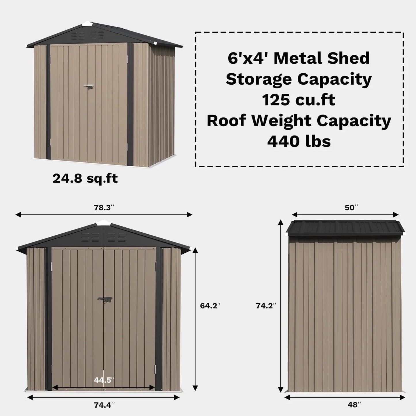 Greesum 6×4FT Outdoor Storage Shed, Metal Patio Storaged Sheds with Lockable Doors, Sheds & Outdoor Storage for Bike, Backyard, Pool and Garden, Brown