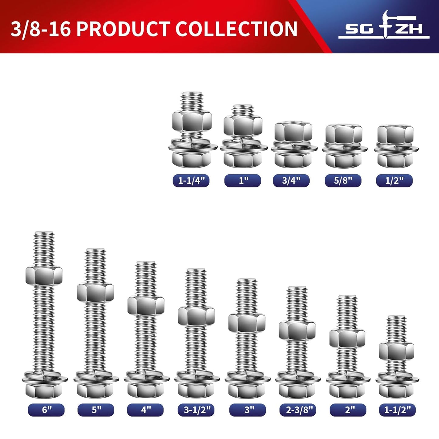 3/8-16 x 3-1/2" Hex Head Screw Bolt, Nuts, Flat & Lock Washers, 10Pcs 18-8 (304) Stainless Steel, Fully Threaded, by SG TZH