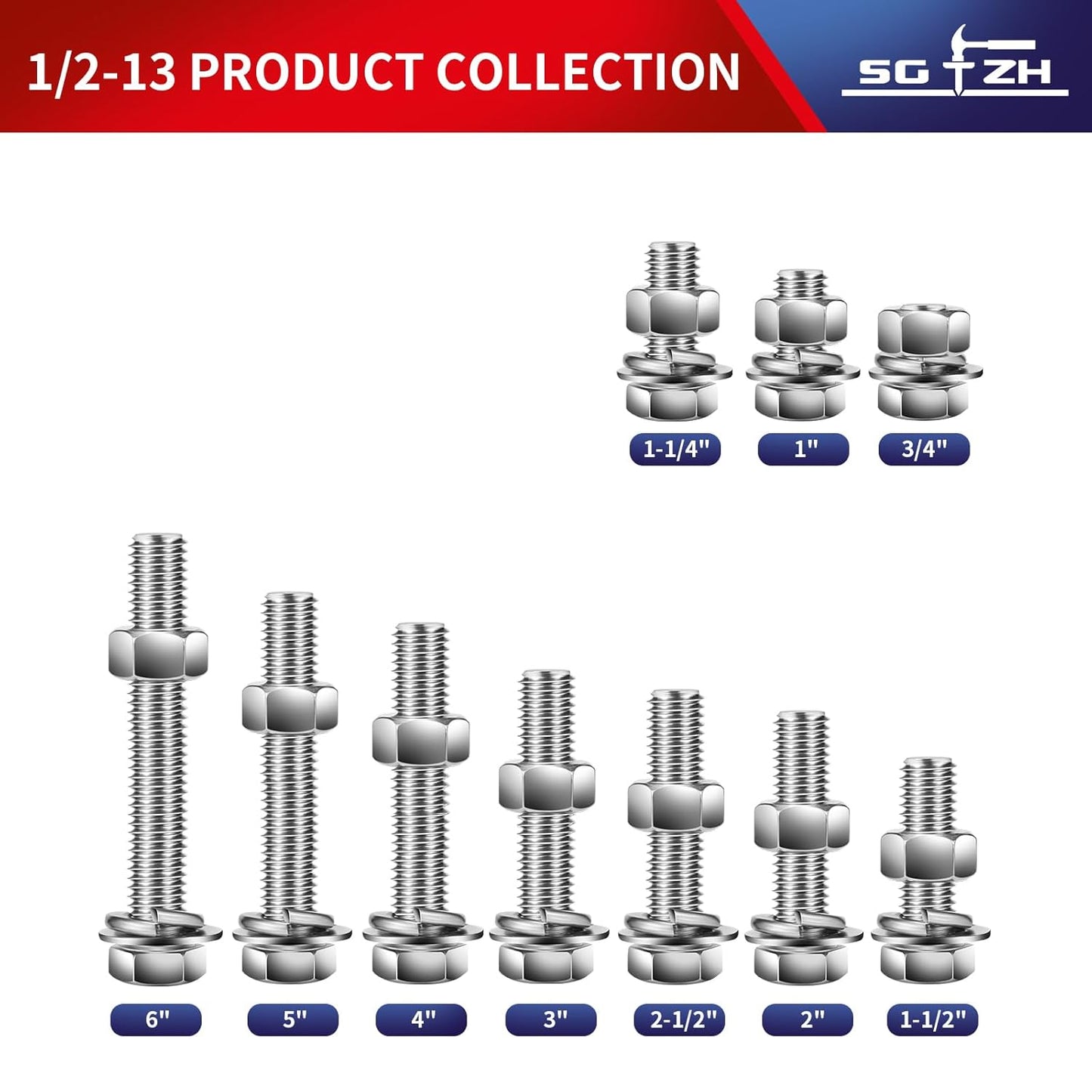1/2-13 x 2-1/2" Hex Head Screw Bolt, Nuts, Flat & Lock Washers, 10Pcs 18-8 (304) Stainless Steel, Fully Threaded, by SG TZH