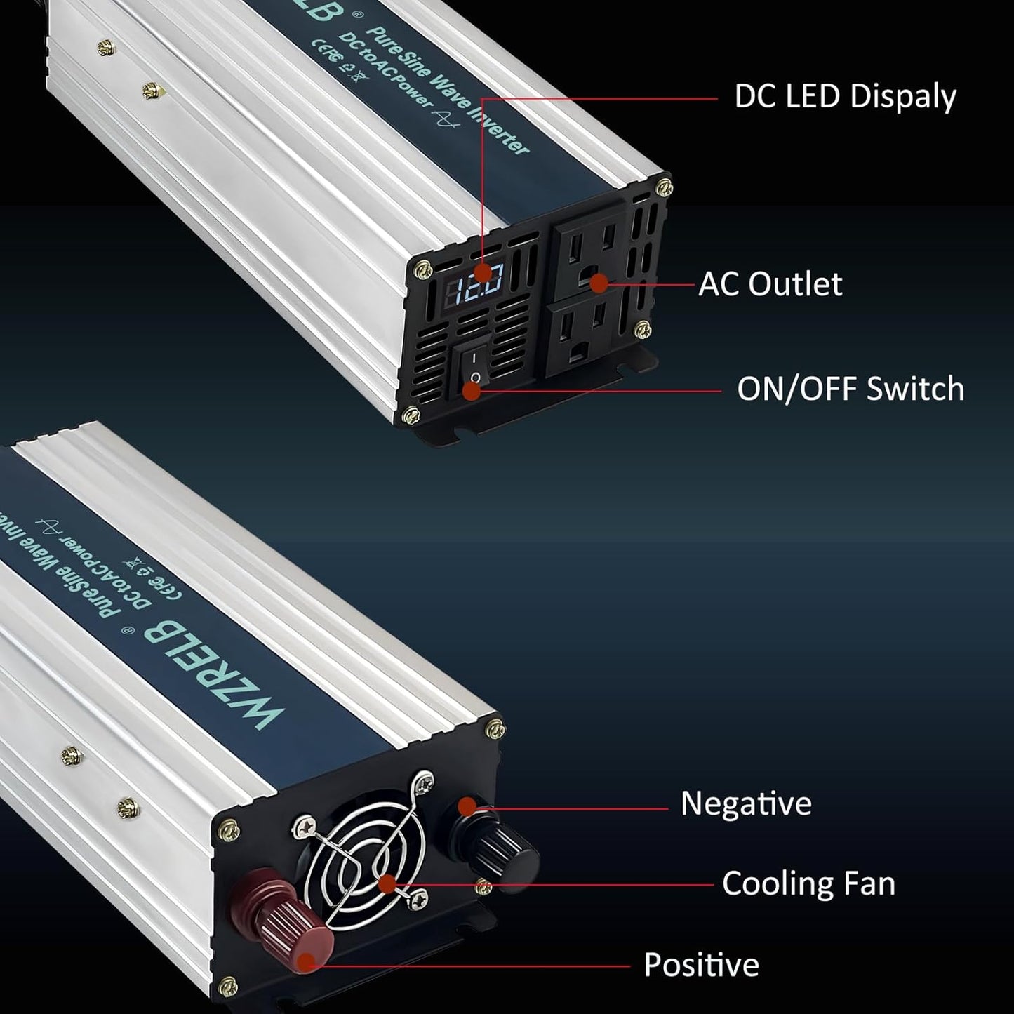 WZRELB 800W Pure Sine Wave Inverter 48V DC to 110V 120V AC Power Converter with LED Display, Off-Grid Portable Power Inverter with 2 AC Outlets for Home, RV, Truck, Camping