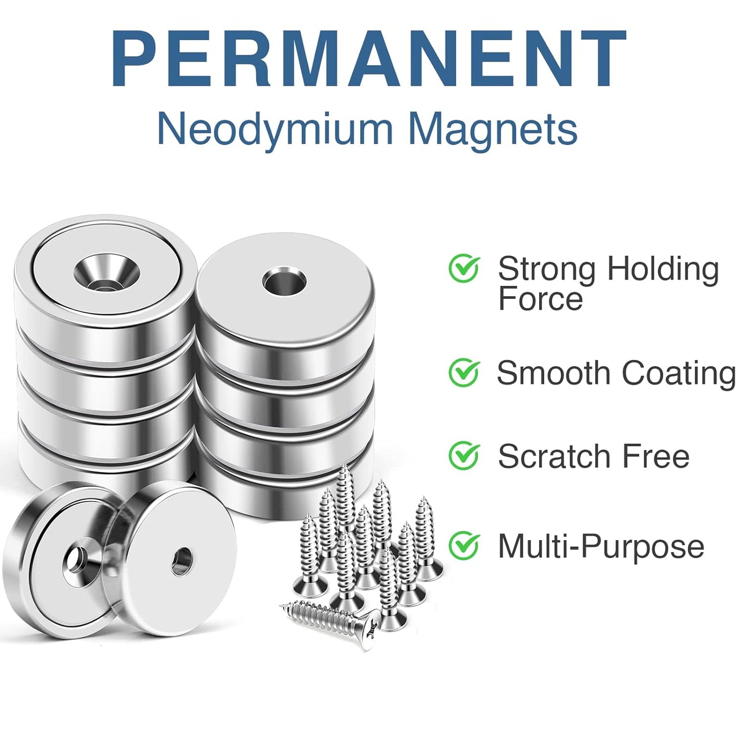 MIKEDE 10 Pack Strong Neodymium Cup Magnets, 70Lbs+ Holding Force Heavy Duty Round Base Cup Magnets with Countersunk Hole, Powerful Industrial Strength Rare Earth Magnet with Screws for Wall Mounting