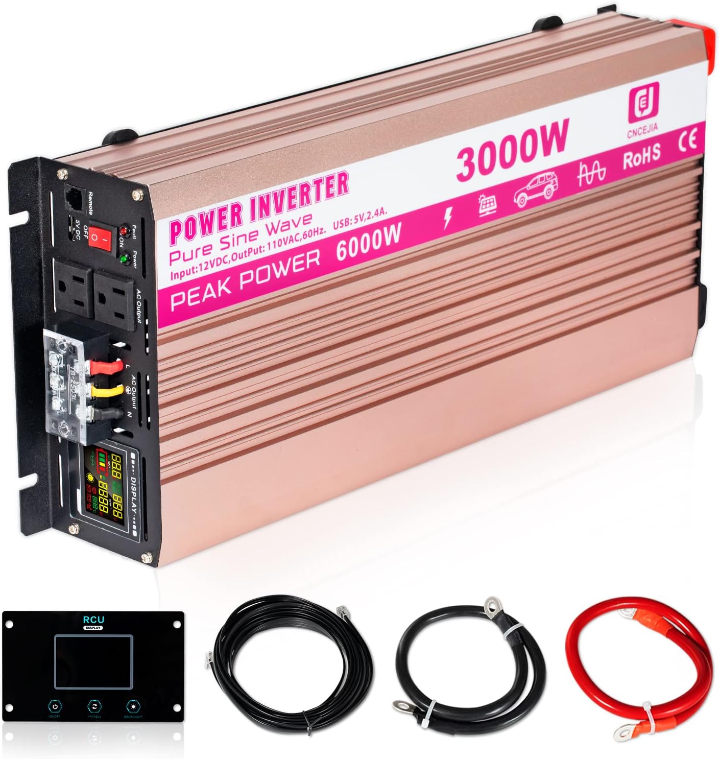 CEJIA Power Inverter 3000W Pure sine Wave ac car Inverter Peak 6000watt 12V DC to 110V 120V AC with led Display,Remote Controller,Dual AC Outlets and 2x2.4A USB Ports for RV,Solar System Emergency