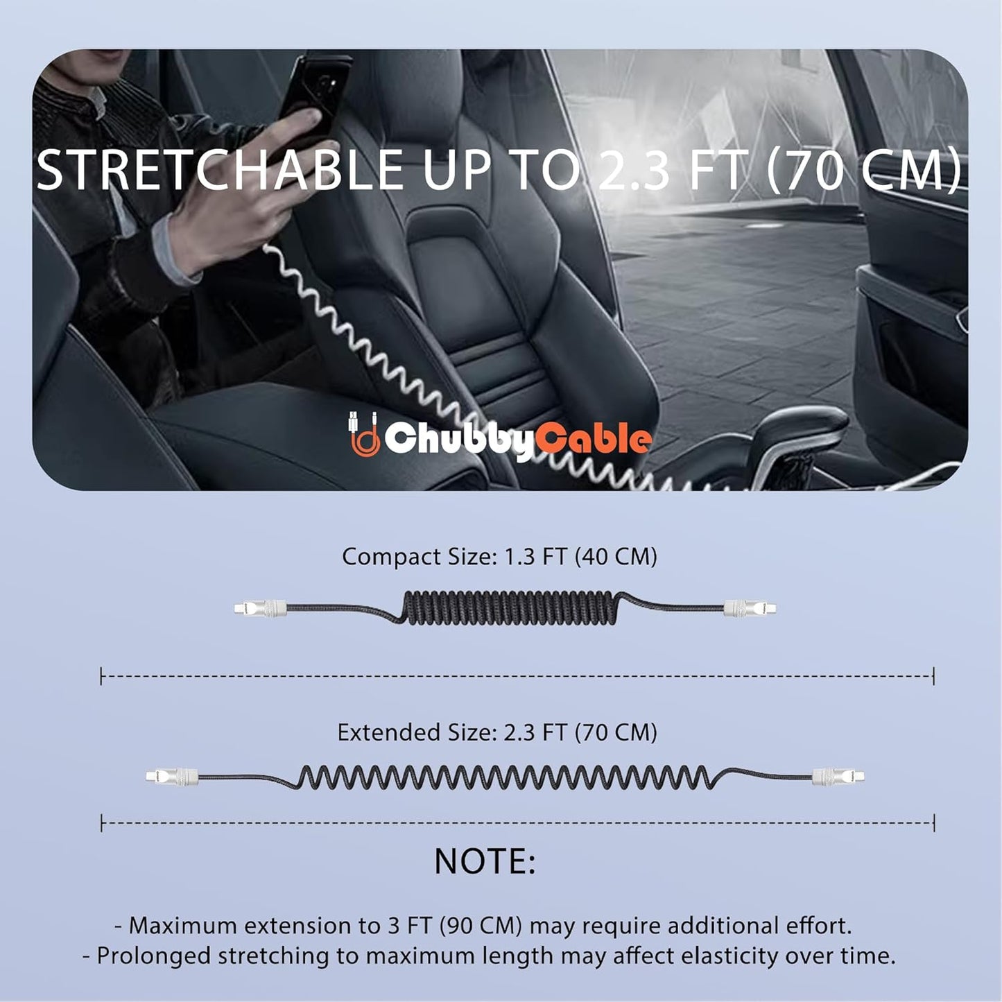 chubbycable Curly Chubby - Retractable Fast Charging Cable 240W Coiled Charger Cord for Car Durable USB-C Cable for Phones, Tablets and More, Dark Blue, USB-A to Type-C, 1.3FT-2.3FT
