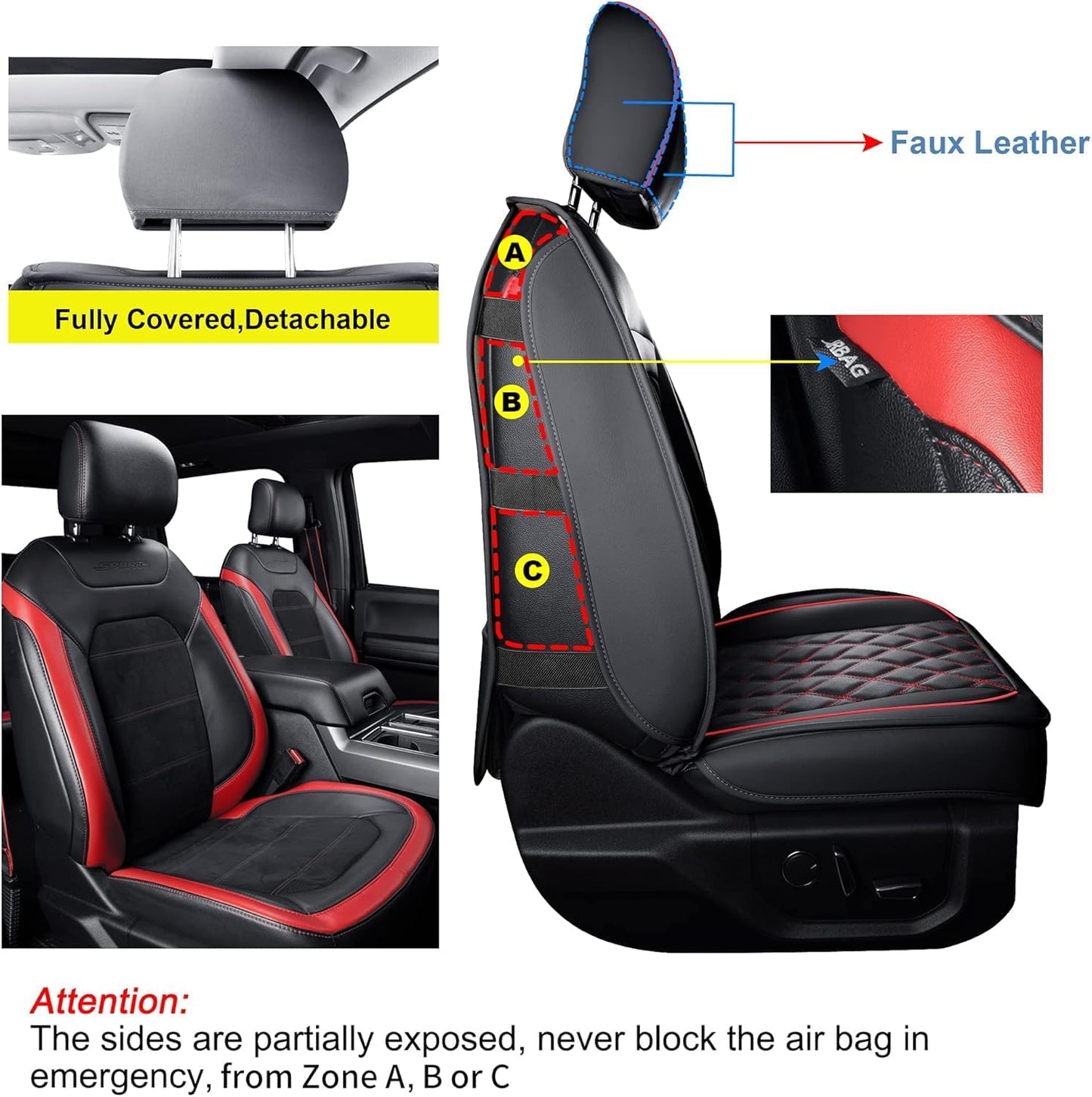 LUCKYMAN CLUB F150 Faux Leather Seat Covers Fit for 2015-2025 F150 and 2017-2025 F250 F350 F450 Pickup Trucks(Full Set, Black&Red)