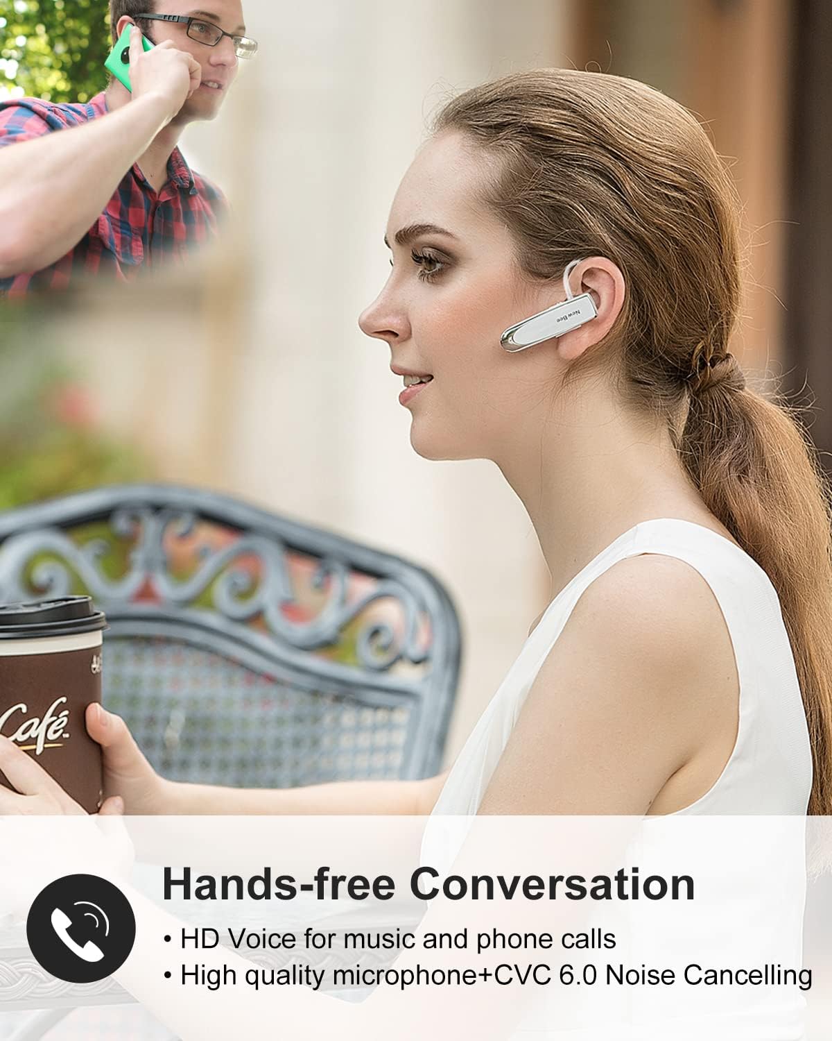New bee [2 Pack] Bluetooth Earpiece V5.0 Wireless Handsfree Headset 24 Hrs Driving 60 Days Standby Time with Bluetooth Headset for iPhone Android Laptop Truck Driver(White)