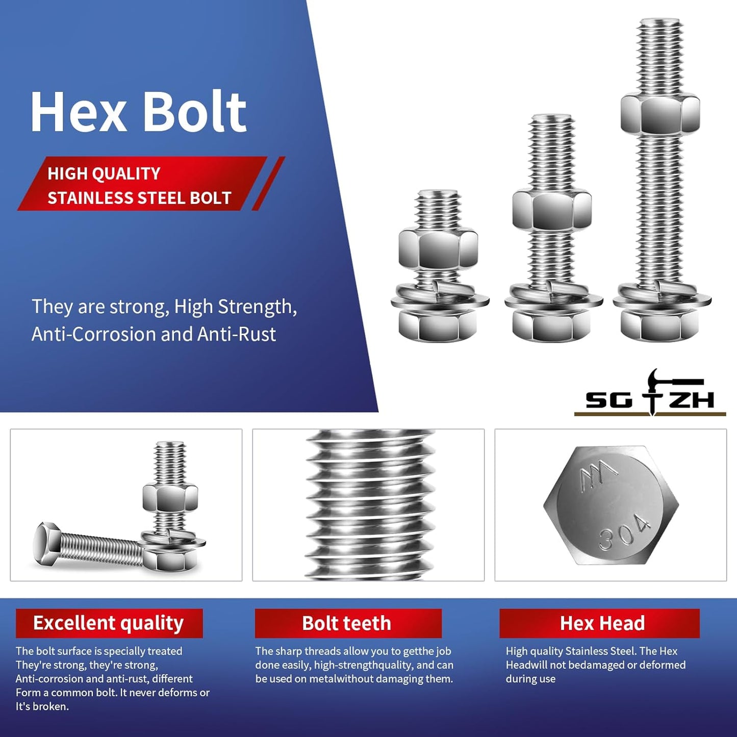 5/16-18 x 5" Hex Head Screw Bolt, Nuts, Flat & Lock Washers, 10Pcs 18-8 (304) Stainless Steel, Fully Threaded, by SG TZH