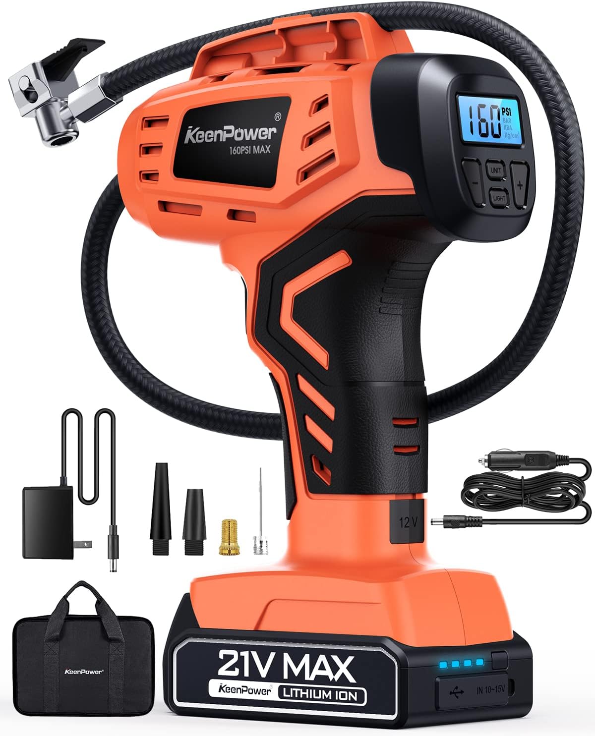 Tire Inflator Air Compressor, 21V Cordless Car Tire Pump with Rechargeable Li-ion Battery, 12V Car Power Adapter, Digital Pressure Gauge, Suitable for Cars E-bikes Balls Motorcycles