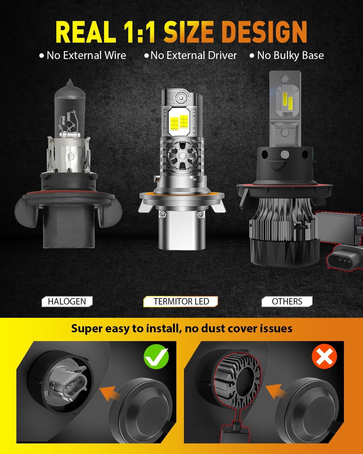 Latest H13/9008 Light Bulbs Hi/Low Beam, 60000LM 1000% Super Brighter, 70000+ Hrs Long Service Life, 6500K Cool White, Real 1:1 Halogen Mini Size, Plug N Play, Pack of 2