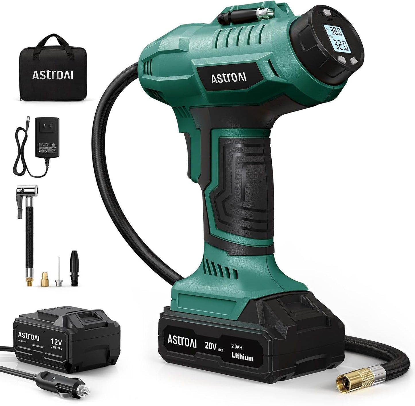 AstroAI C2 Cordless Tire Inflator Air Compressor 20V Rechargeable Battery Powered 160PSI Portable Air Pump with 12V Car Power Adapter Digital Pressure Gauge for Cars Motorcycles JY16P160-18 Green
