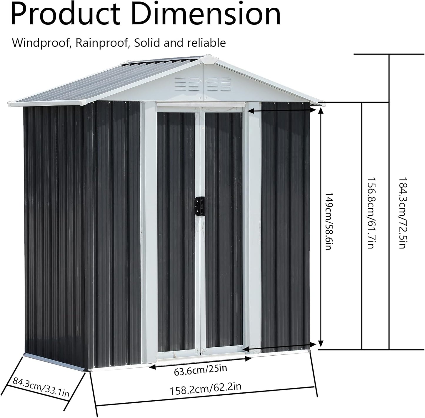 5X3 FT Outdoor Storage Shed with Floor Base, Waterproof Metal Garden Sheds w/Lockable Sliding Doors and Vents, Weather Resistant Tool Storage House for Backyard, Patio, Lawn, Dark Grey