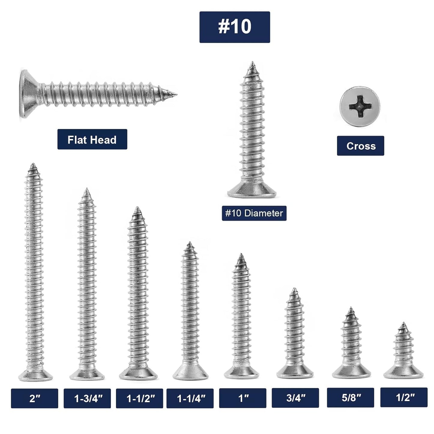 #10 x 2" Wood Screw 100Pcs 18-8 (304) Stainless Steel Screws Flat Head Phillips Fast Self Tapping Drywall Screws by SG TZH