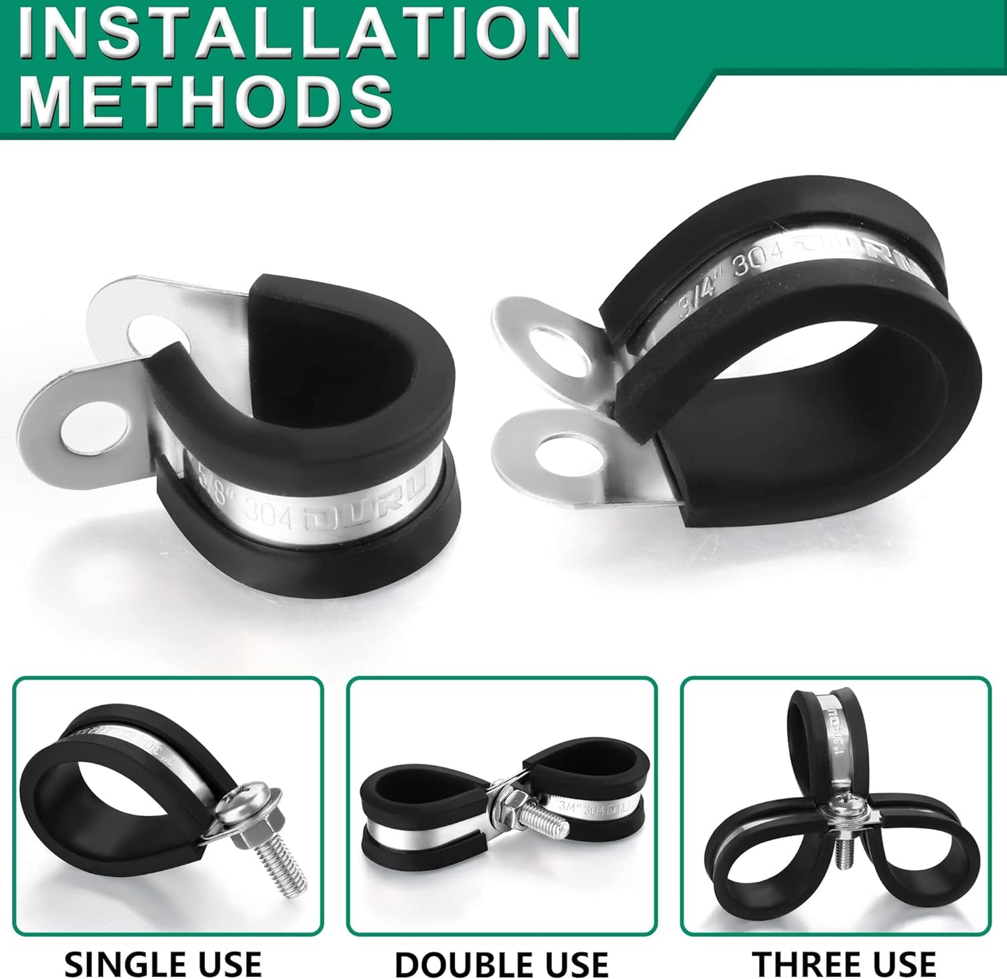 30PCS Cable Clamps Assortment Kit,7 Sizes—1/8" 3/16" 1/4" 5/16" 3/8" 1/2" 3/4" Stainless Steel Rubber Coated Cushioned Insulated Cable Clamp,Automotive Wire Pipe Clamps