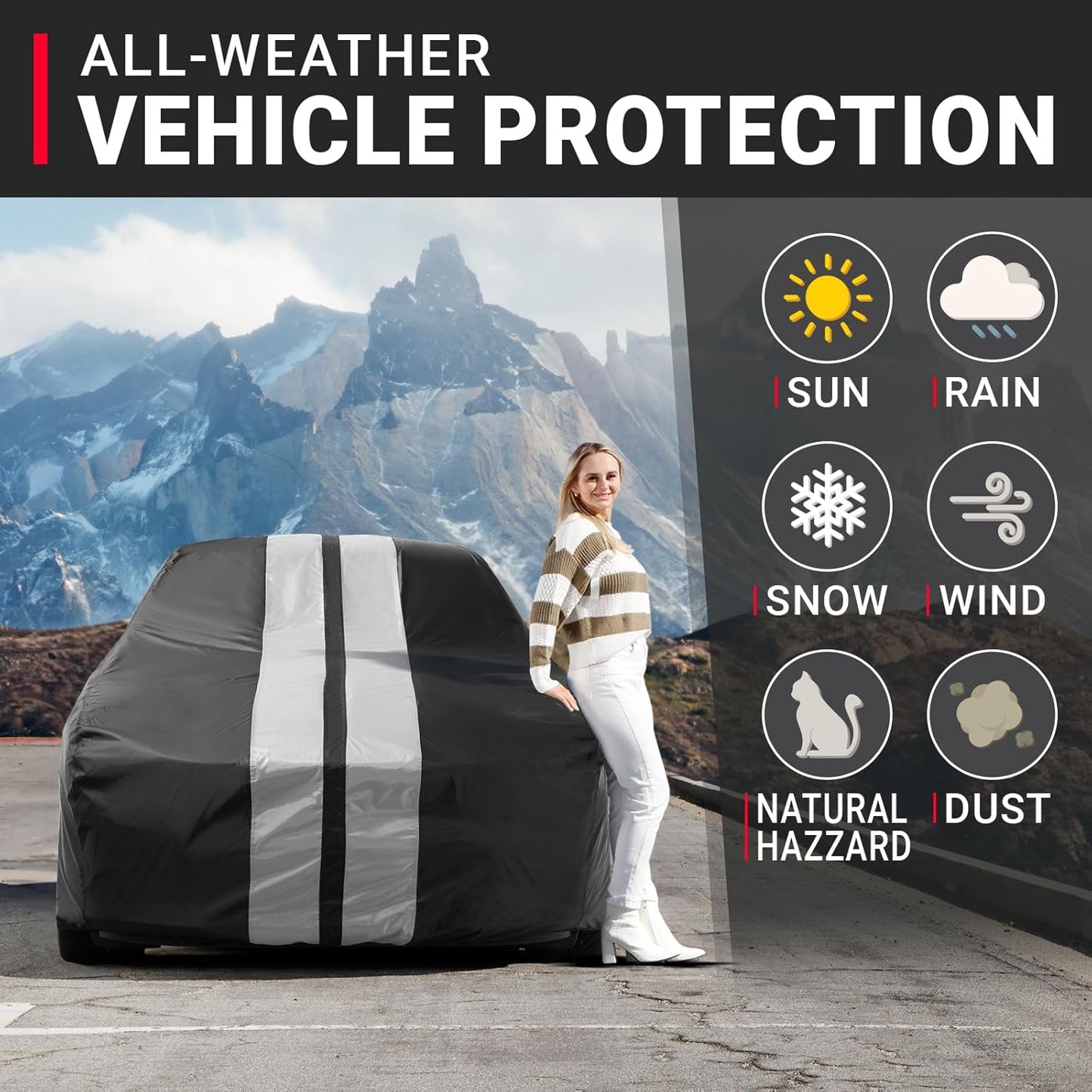 iCarCover Custom Car Cover for Pontiac Grand Safari Station Wagon (1971-1978) Waterproof All-Weather Rain Snow UV Sun Protector Full Exterior Indoor Outdoor Car Cover (Stripe - Black/Gray)