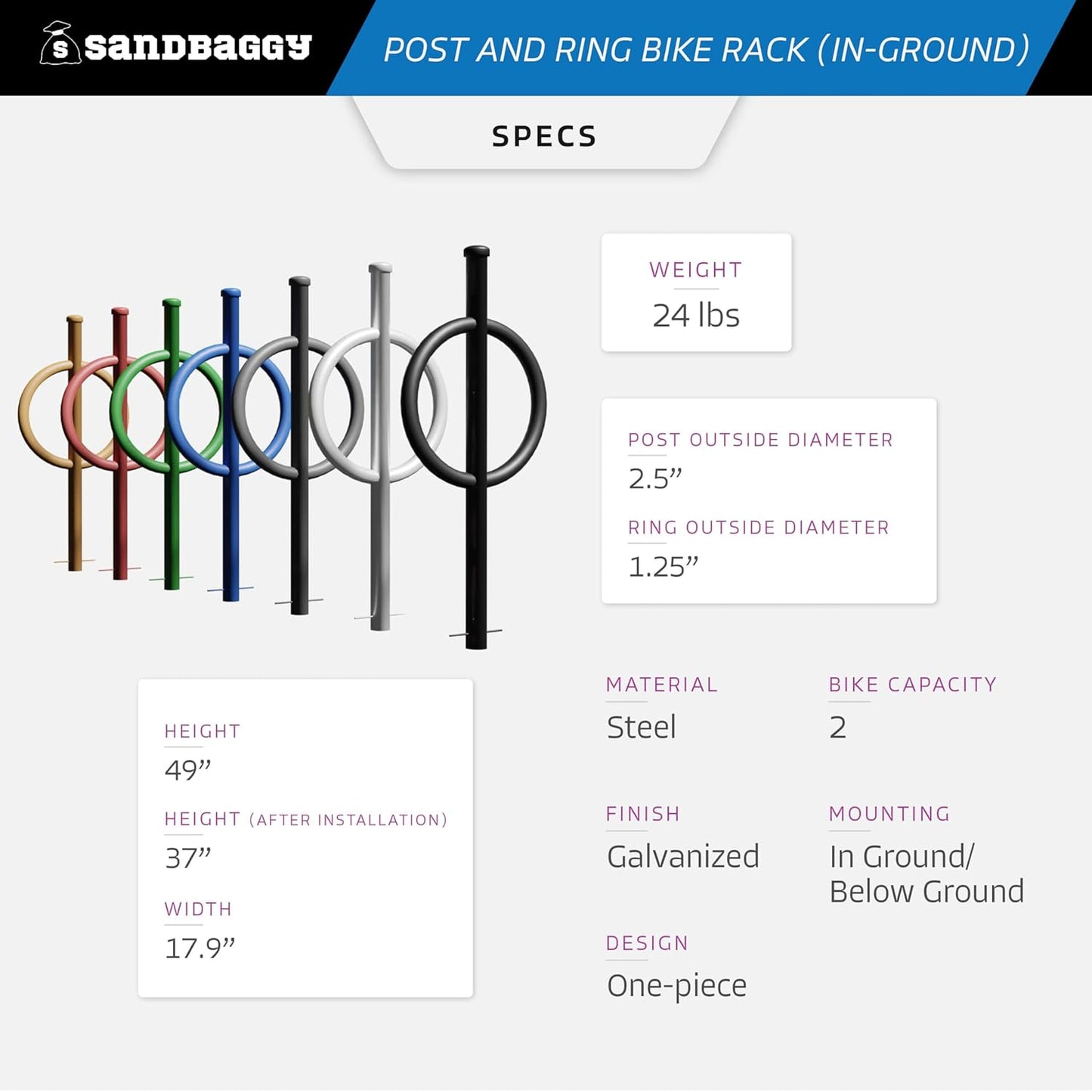 Sandbaggy Post and Ring Rack - In Ground - Commercial Outdoor Bike Parking & Storage Racks (Blue, 2)
