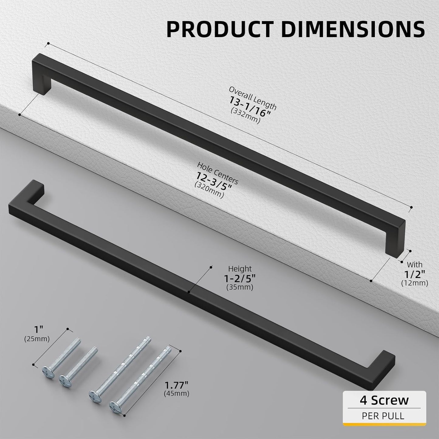 Goldenwarm 45 Pack 12-3/5 Inch Black Matte Black Stainless Steel Cabinet Hardware Square Bar Modern Cabinet Pulls for Kitchen Bathroom Cupboard