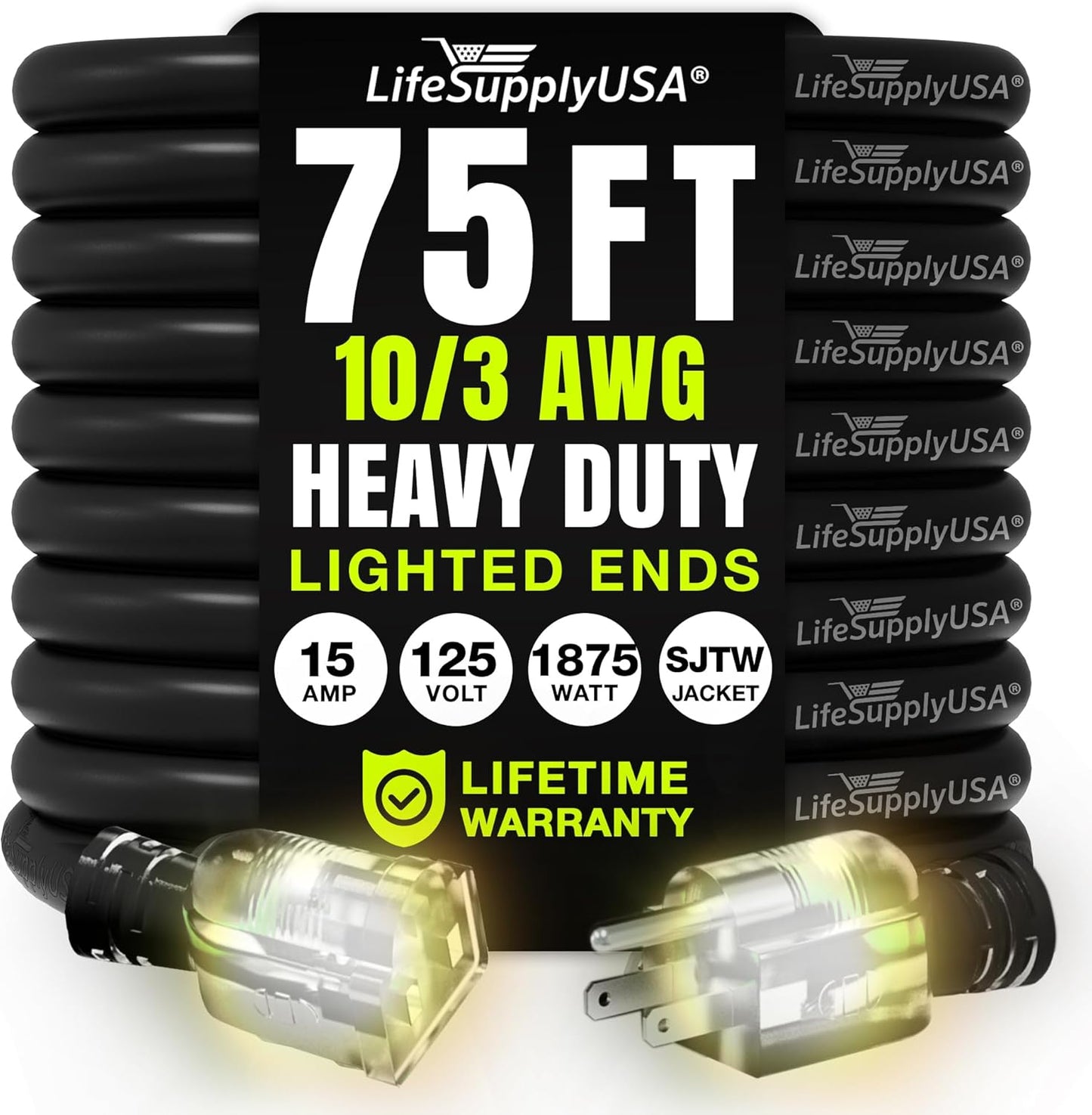 75ft Outdoor/Indoor Extension Cord 10/3 Gauge Ultra Heavy Duty 3 Prong SJTW, Waterproof, Flexible Cold-Resistant Long Power Cord,15A 125V 1875W, Black by LifeSupplyUSA