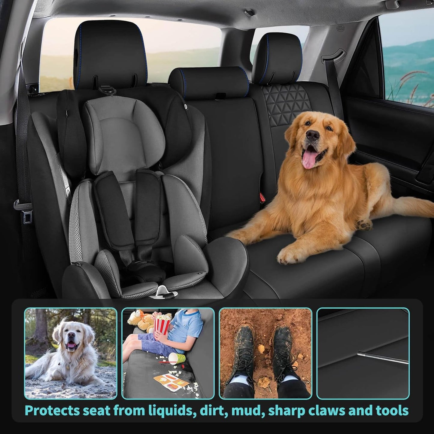 Seat Covers for Toyota 4Runner 2011-2024, Faux Leather Car Seat Cover Full Set, 2-Row-Only for 5 Seats Version-BlackBlue