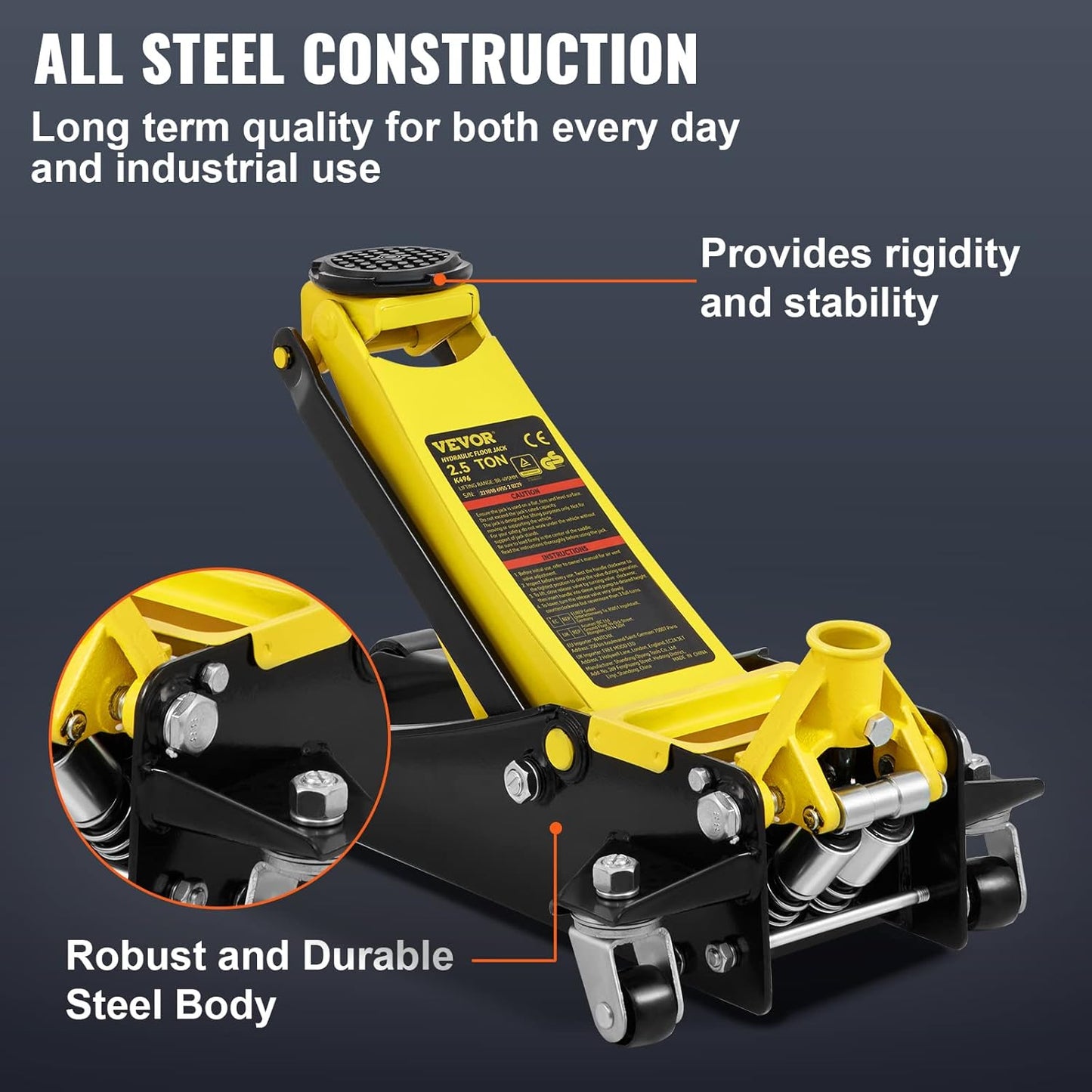 VEVOR 2.5 Ton Low Profile, Heavy-Duty Steel Racing Floor Jack with Dual Pistons Quick Lift Pump, Lifting Range 3.64"-19.49"