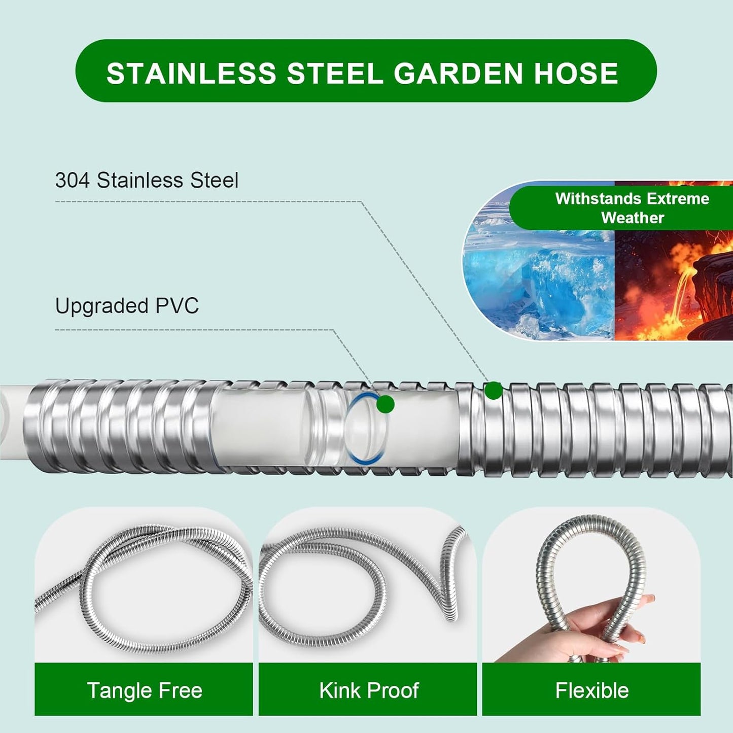 Metal Short Garden Hose 2 ft, Flexible Stainless Steel Garden Hose 2 ft Lightweight Water Hose with Brass Fittings (2 Feet)