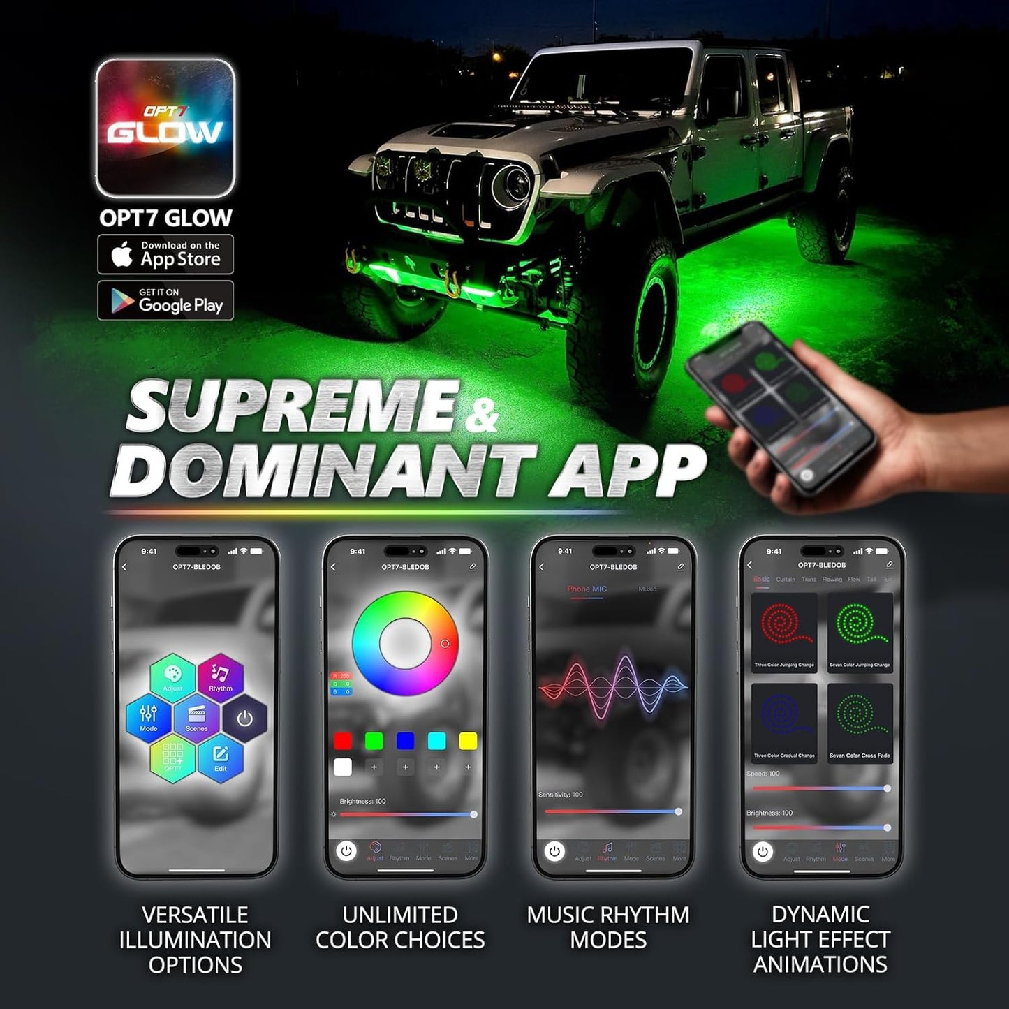 OPT7 Aura Pro Underglow LED Lights Kit for Truck with App & Remote Control, RGB Multicolor Music Modes, Waterproof Rigid Aluminum Light Bar, Exterior Neon Accent Lighting for Regular Extended Cab