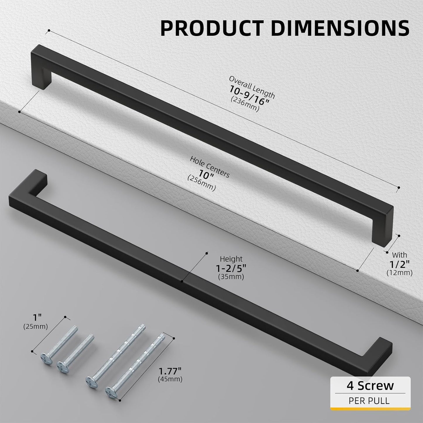 goldenwarm 45 Pack 10 Inch Black Cabinet Handles Matte Black Drawer Pulls Stainless Steel Cabinet Hardware Square Bar Modern Cabinet Handle for Kitchen Bathroom Cupboard