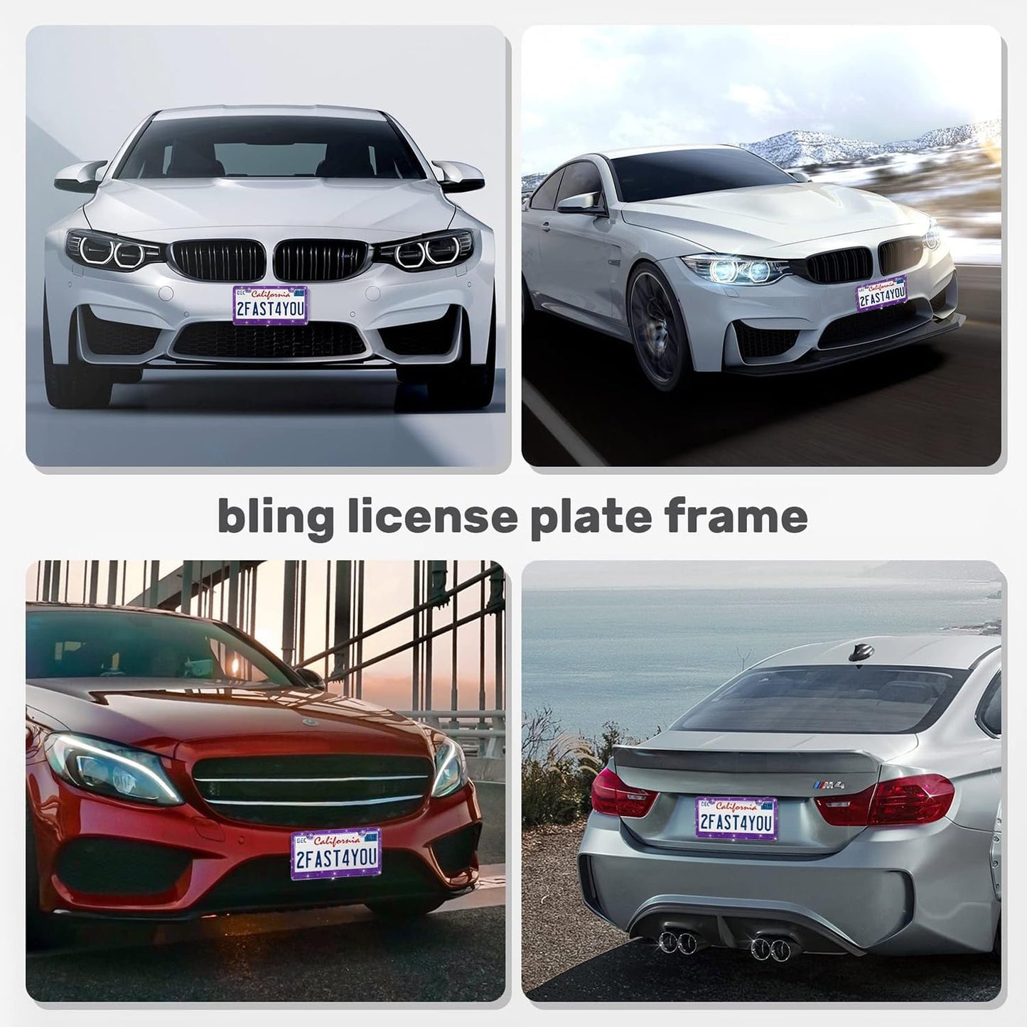 2 Pack License Plate Frames for Women, Sparkly Rhinestone Diamond Car Accessories with Glitter Crystal Caps (Violet（2PCS）)