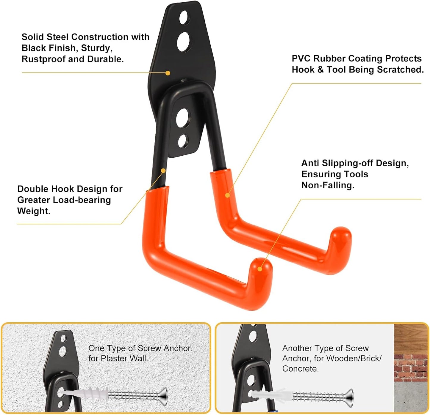 Garage Hook Heavy Duty Wall Storage Hangers, 18 Pack Garage Storage Hooks Steel Tool Organizer Orange for Ladders, Ropes, Garden Tools