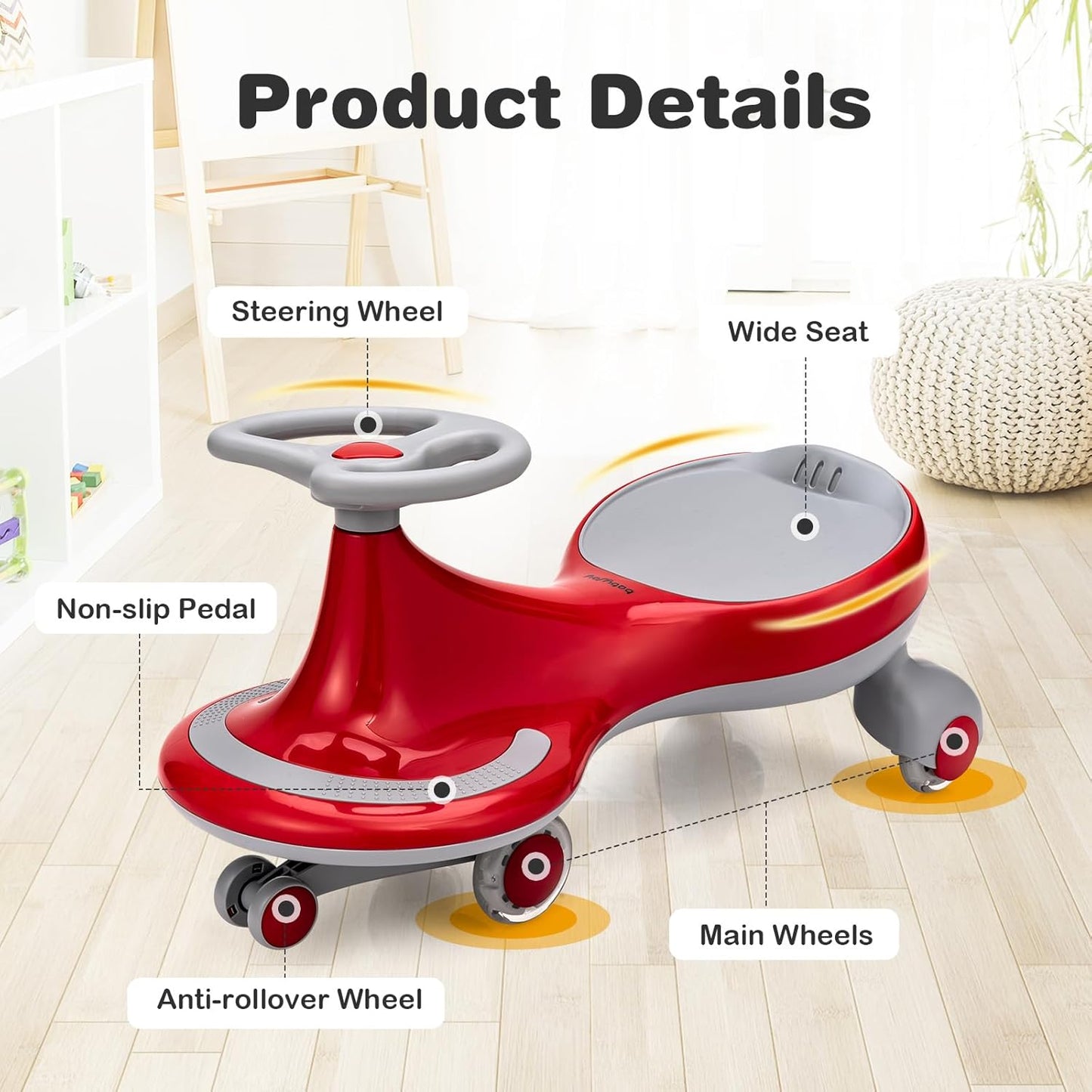 HONEY JOY Wiggle Car, 2 in 1 Swing Car for Kids, LED PU Flashing Wheels, No Batteries, Music, Gears or Pedals, Uses Twist, Turn, Ride On Toy for Toddlers Boys Girls 3 Years and Up (Red)