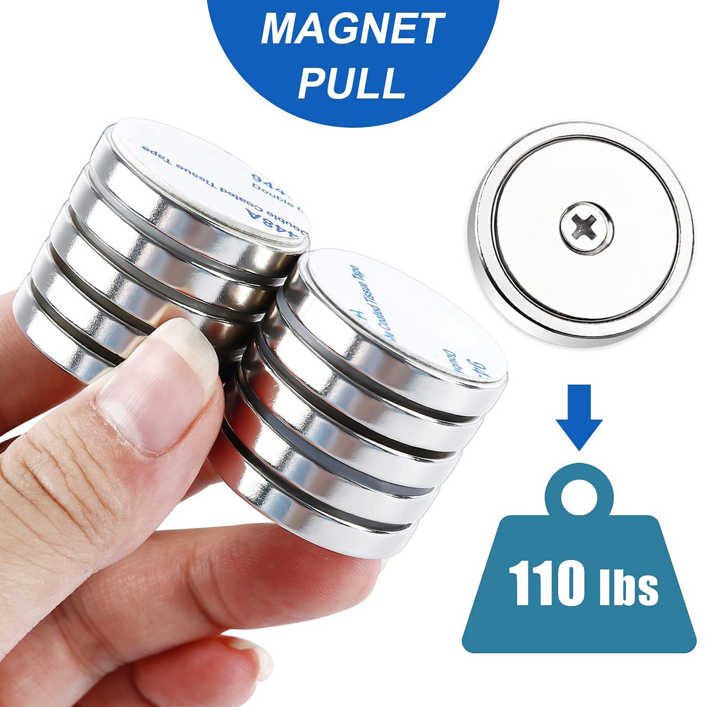 LOVIMAG Neodymium Cup Magnets,110LBS Holding Force Strong Rare Earth Magnets with Heavy Duty Countersunk Hole and Double Sided Adhensive&Stainless Screws for Refrigerator Magnet,Office Etc,Pack of 10