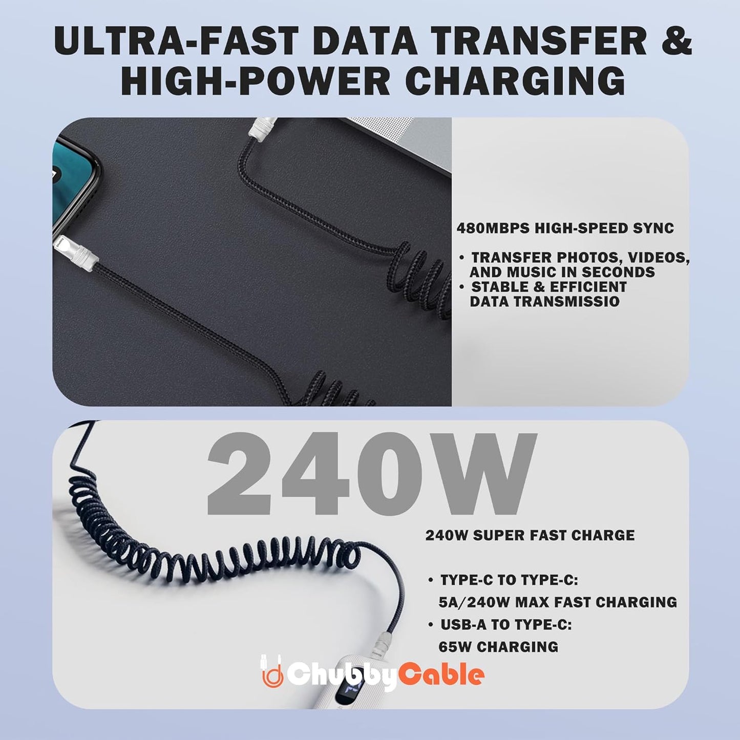 chubbycable Curly Chubby - Retractable Fast Charging Cable 240W Coiled Charger Cord for Car Durable USB-C Cable for Phones, Tablets and More, Yellow+Yellow, USB-A to Type-C, 1.3FT-2.3FT