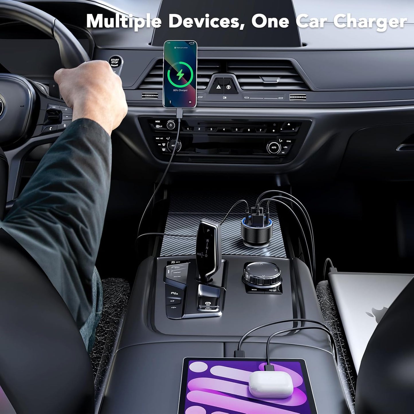USB C Car Charger Fast Charging USB C Cable, 78W 4 Port iPhone 16 15 Car Charger Adapter with Voltmeter Cigarette Lighter USB Charger for iPhone 16 Pro Max/15 Plus/14/13/12, Samsung Galaxy, iPad