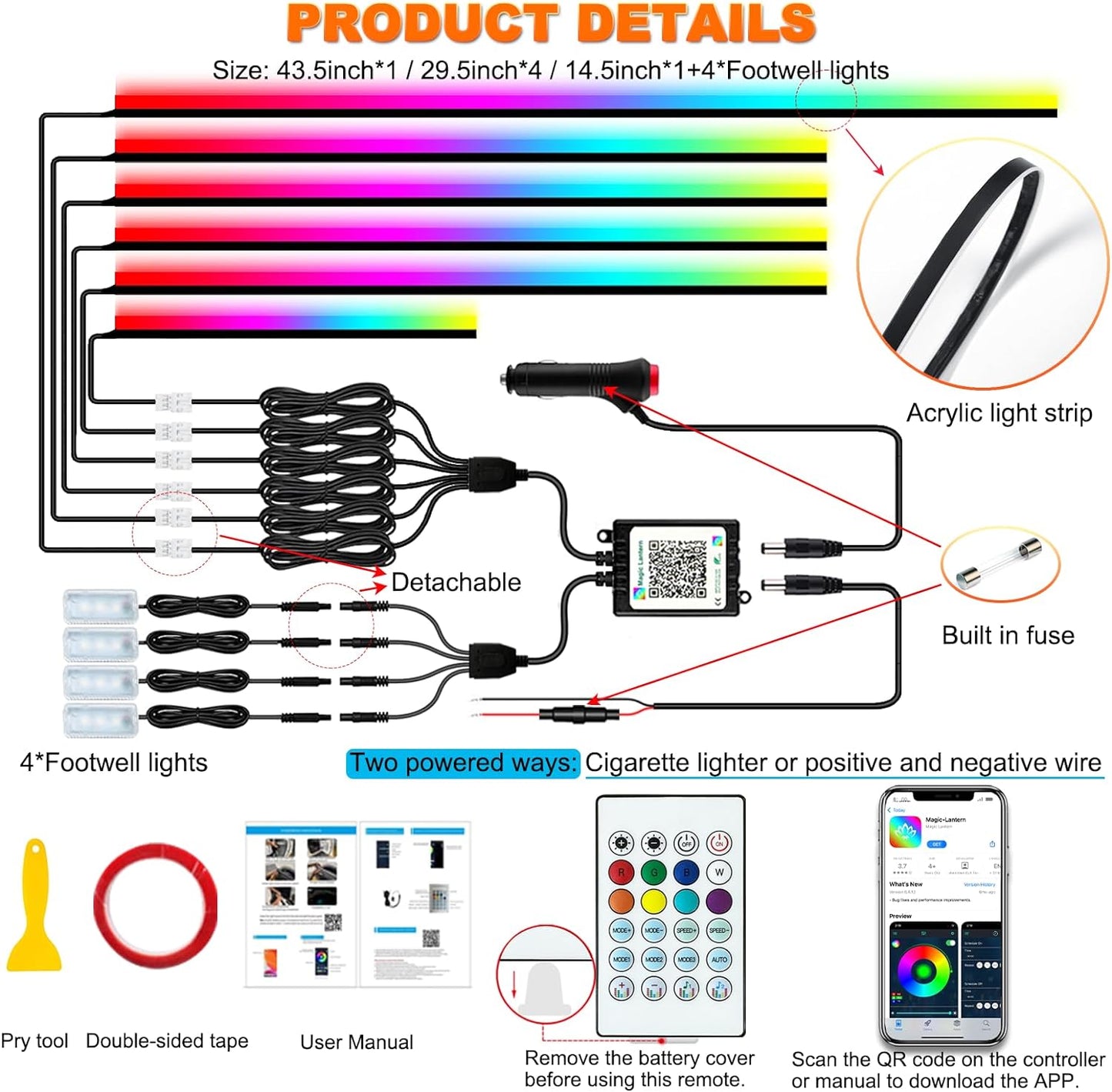 Interior Car LED Strip Lights, Acrylic LED Lights for Car with Dynamic Dreamcolor Chasing, Ambient Lighting Kits Music Sync Wireless APP and RF Remote Control (10 in 1)