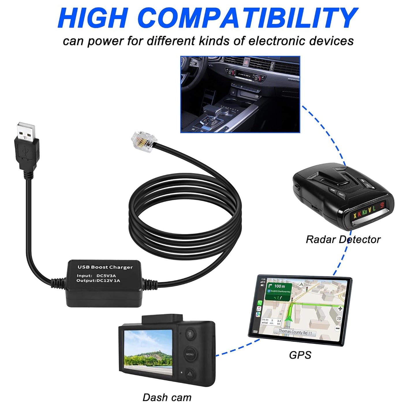 MEIRIYFA Radar Detector Power Cable,USB 5V to 12V RJ11 Radar Detectors Replacement Power Cord Step Up Boost Adapter Cable w/RJ-11 Telephone Connector(1.5M)