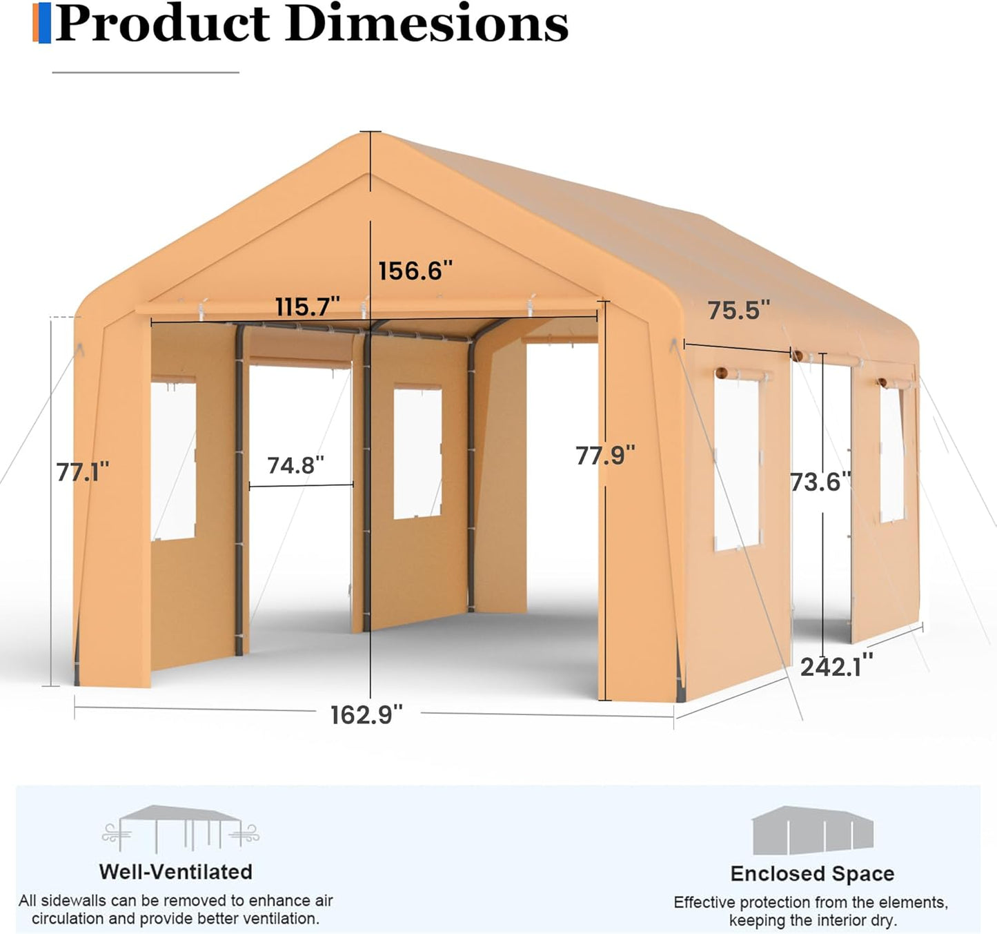 Carport, 13‘ x 20’ Heavy Duty Portable Garage All-Season Car Canopy w/Removable Sidewall & Doors, Carport Canopy Party Tent w/Water-Resistant Tarp for Backyard (Yellow)