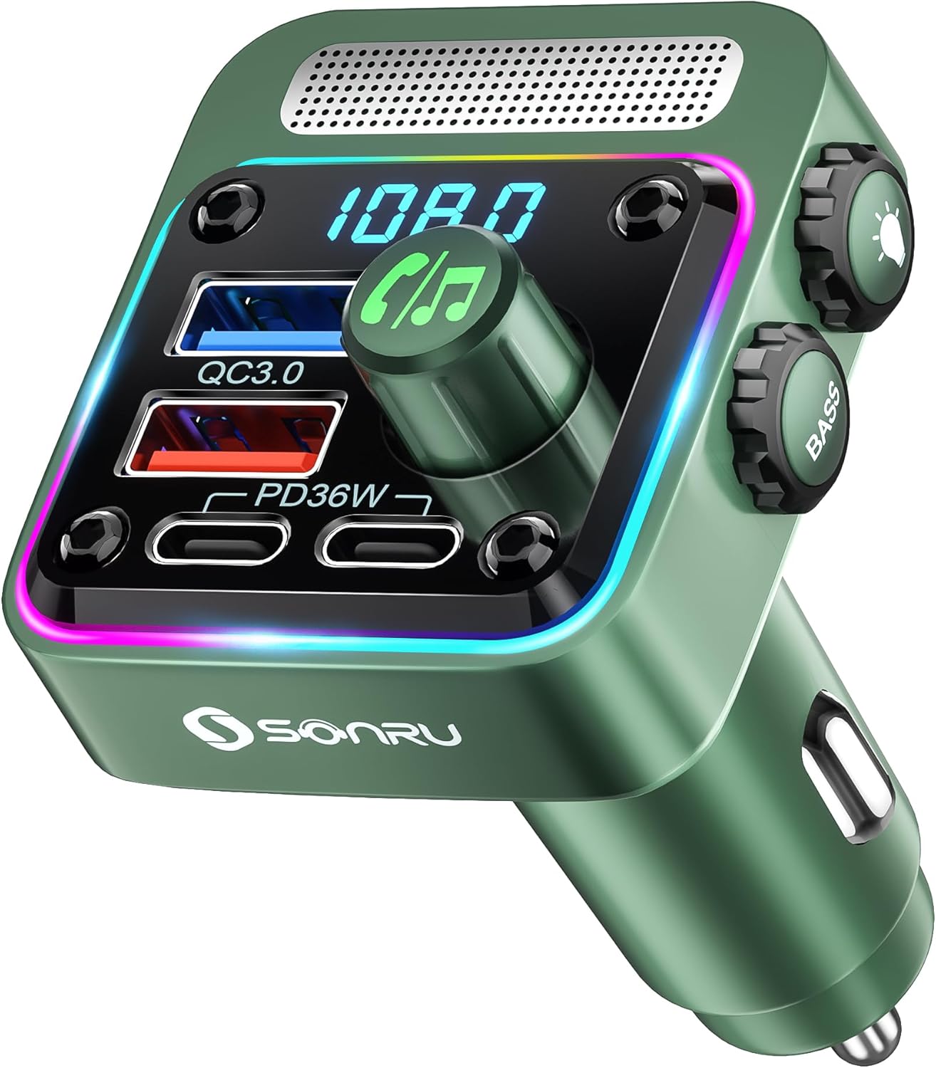 Bluetooth 5.3 FM Transmitter Car Adapter - SONRU Car Charger 54W [PD 36W & QC3.0 18W], Wireless FM Radio Transmitter [HiFi Treble & Bass Player], 5 Colors LED Backlit, Hands-Free Calling, U-Disk