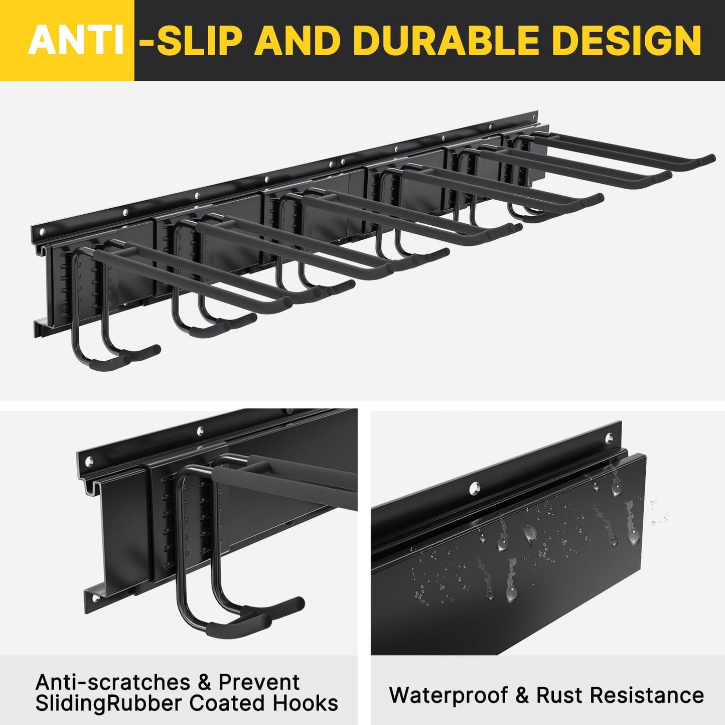 Garage Organization, Garage Tool Organizer Wall Mount with 48 inches Rails and 6 Double-layer Hooks, Tool Organizer Rack For Yard Tools, Shovel, Chair, Snowborad