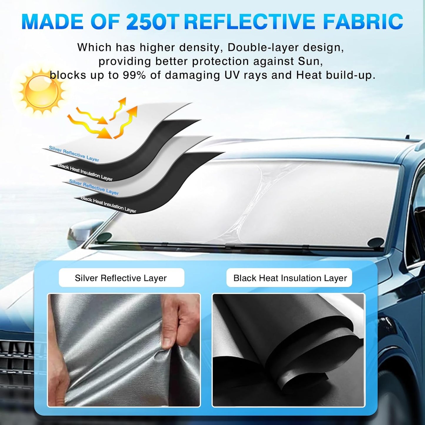 KUST Windshield Sun Shade for Volkswagen Atlas Accessories 2018-2024 2025 VW Atlas Cross Sport Sunshade Foldable Sun Visor Protector Blocks UV Rays Keep Your Car Cooler